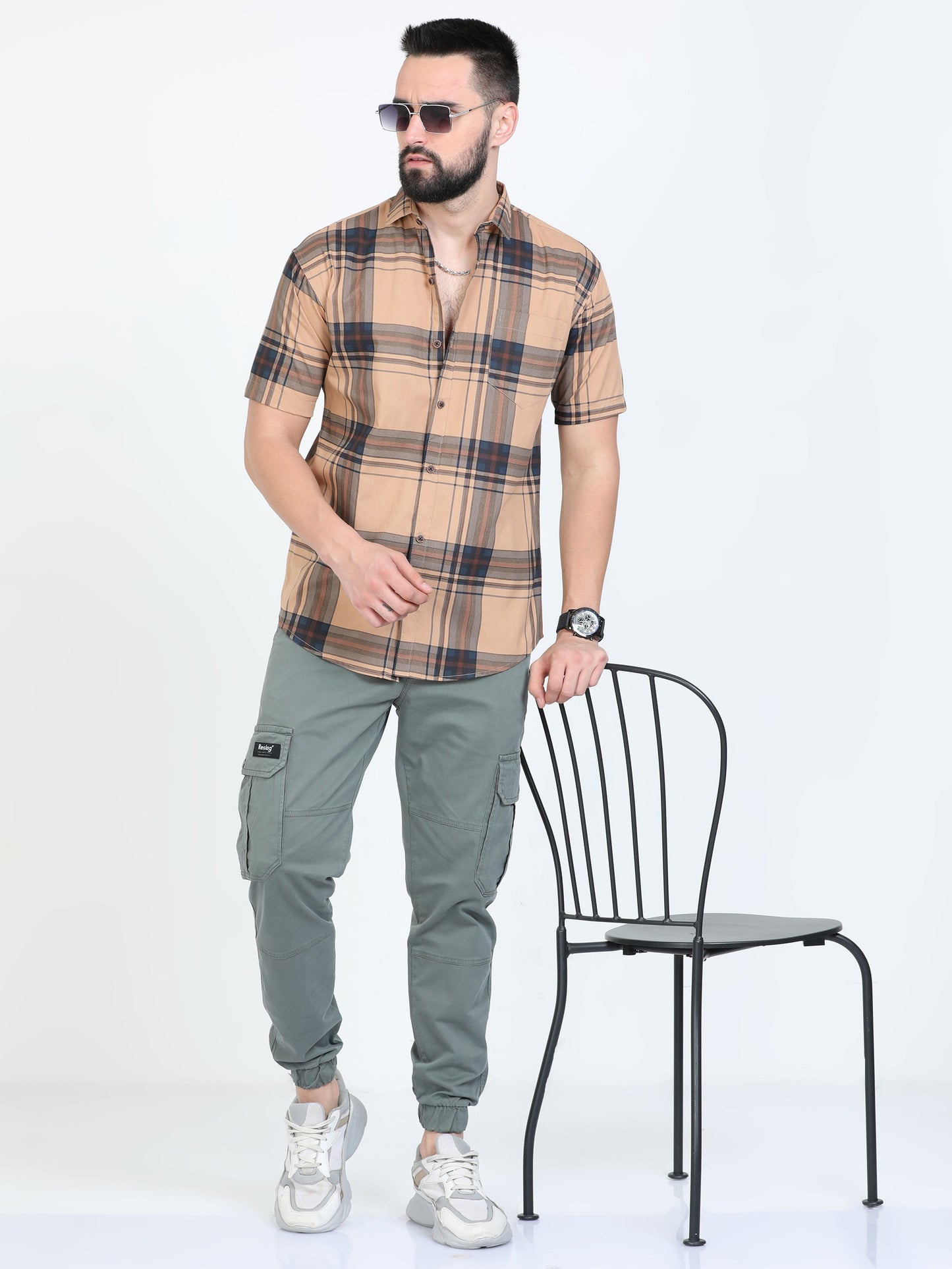 Broadchecks Orange Cotton Blend Checks Half Sleeve Shirt For Men