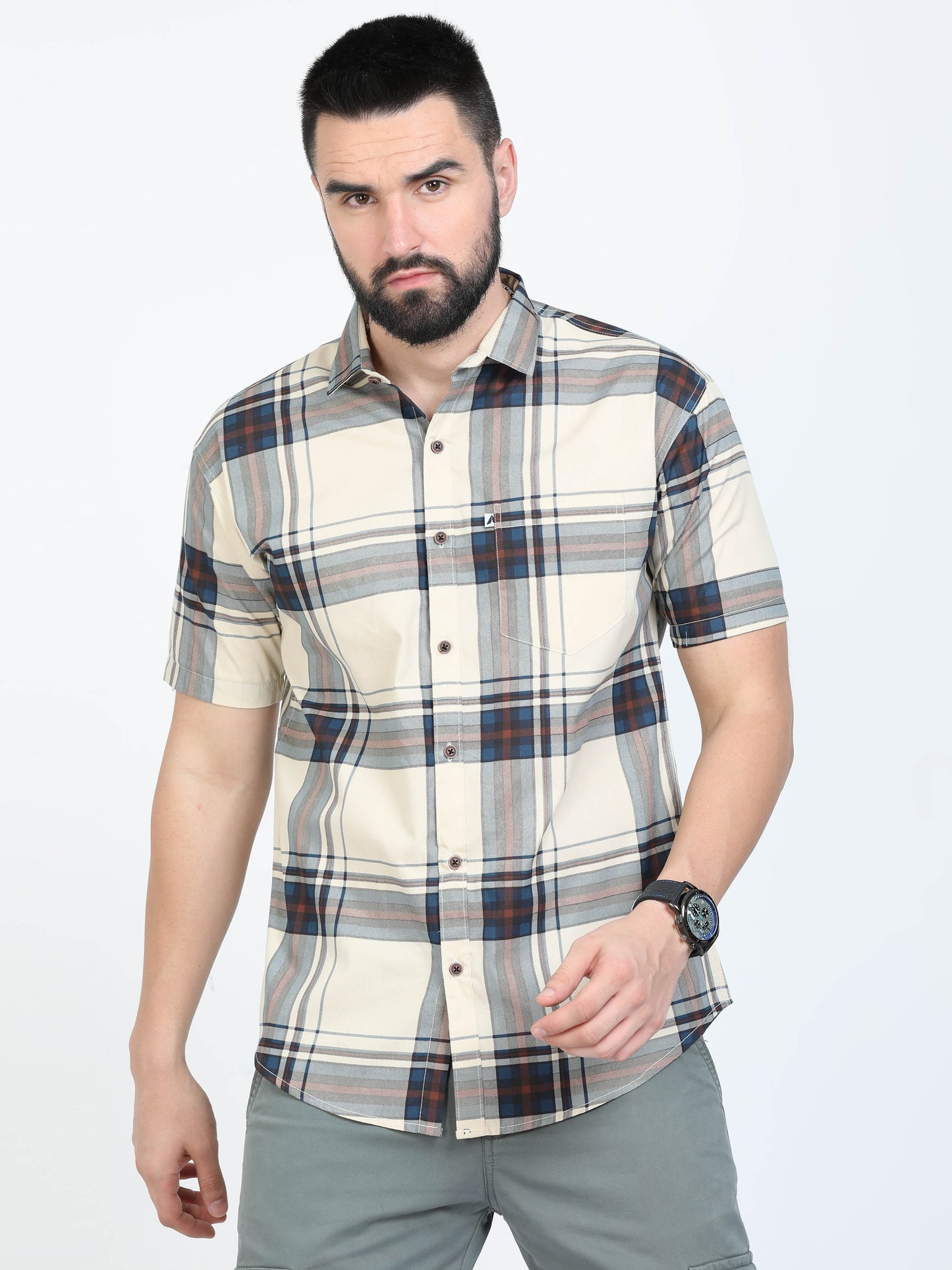 Broadchecks Yellow Cotton Blend Checks Half Sleeve Shirt For Men