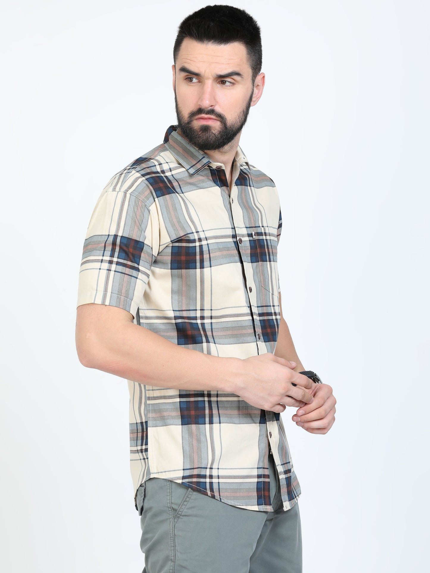 Broadchecks Yellow Cotton Blend Checks Half Sleeve Shirt For Men