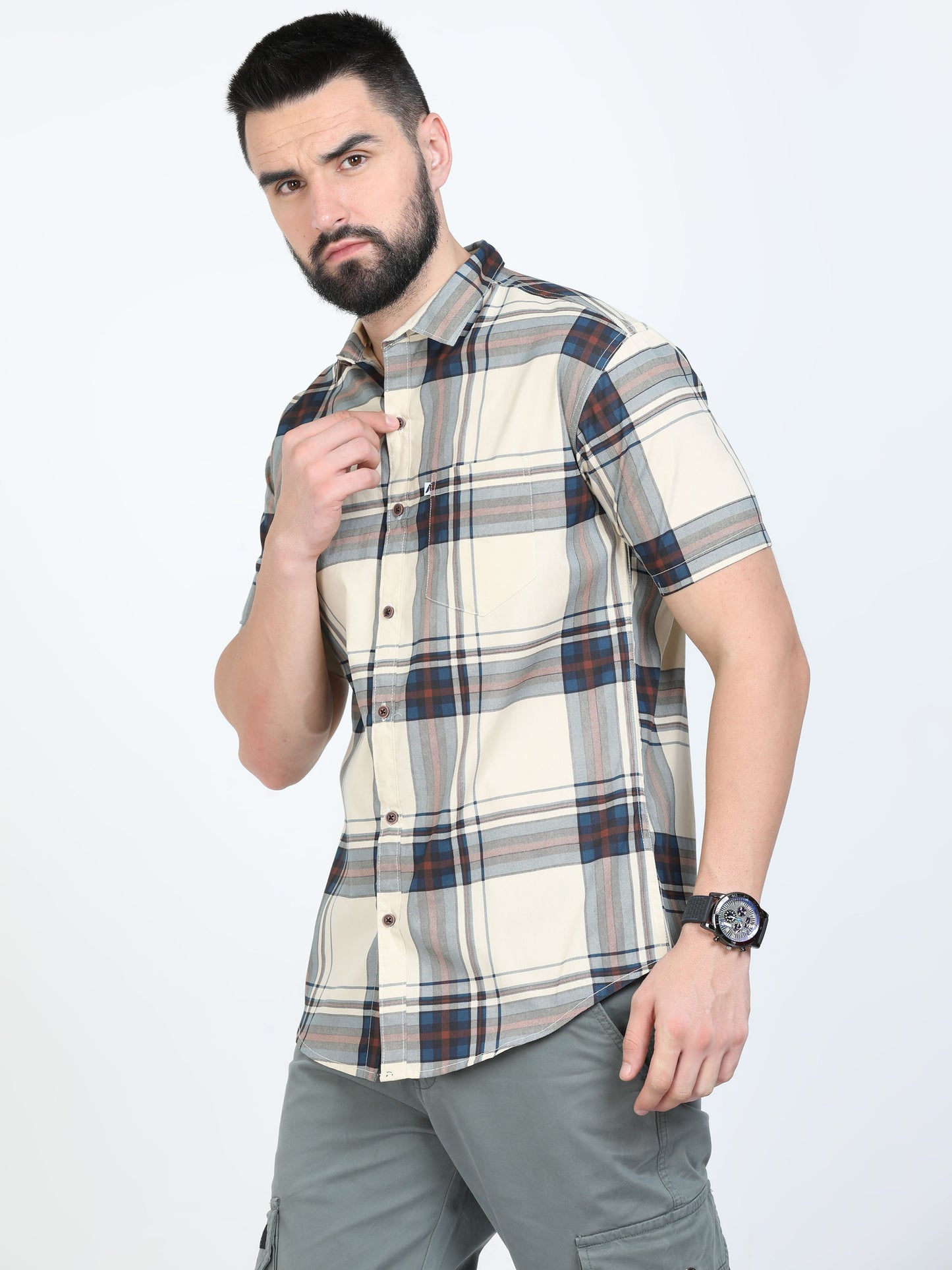 Broadchecks Yellow Cotton Blend Checks Half Sleeve Shirt For Men