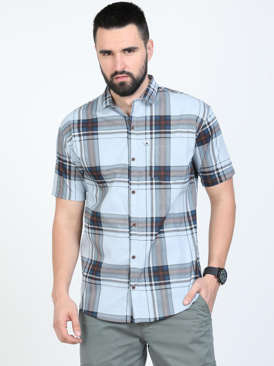 Broadchecks Aquablue Cotton Blend Checks Half Sleeve Shirt For Men