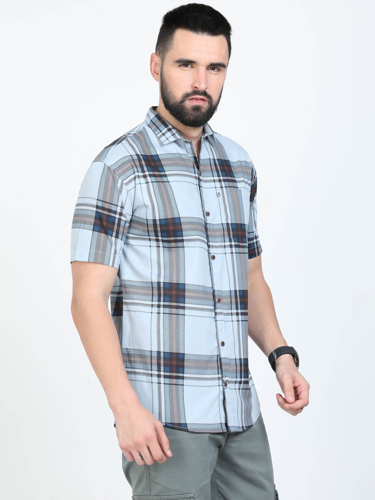 Broadchecks Aquablue Cotton Blend Checks Half Sleeve Shirt For Men