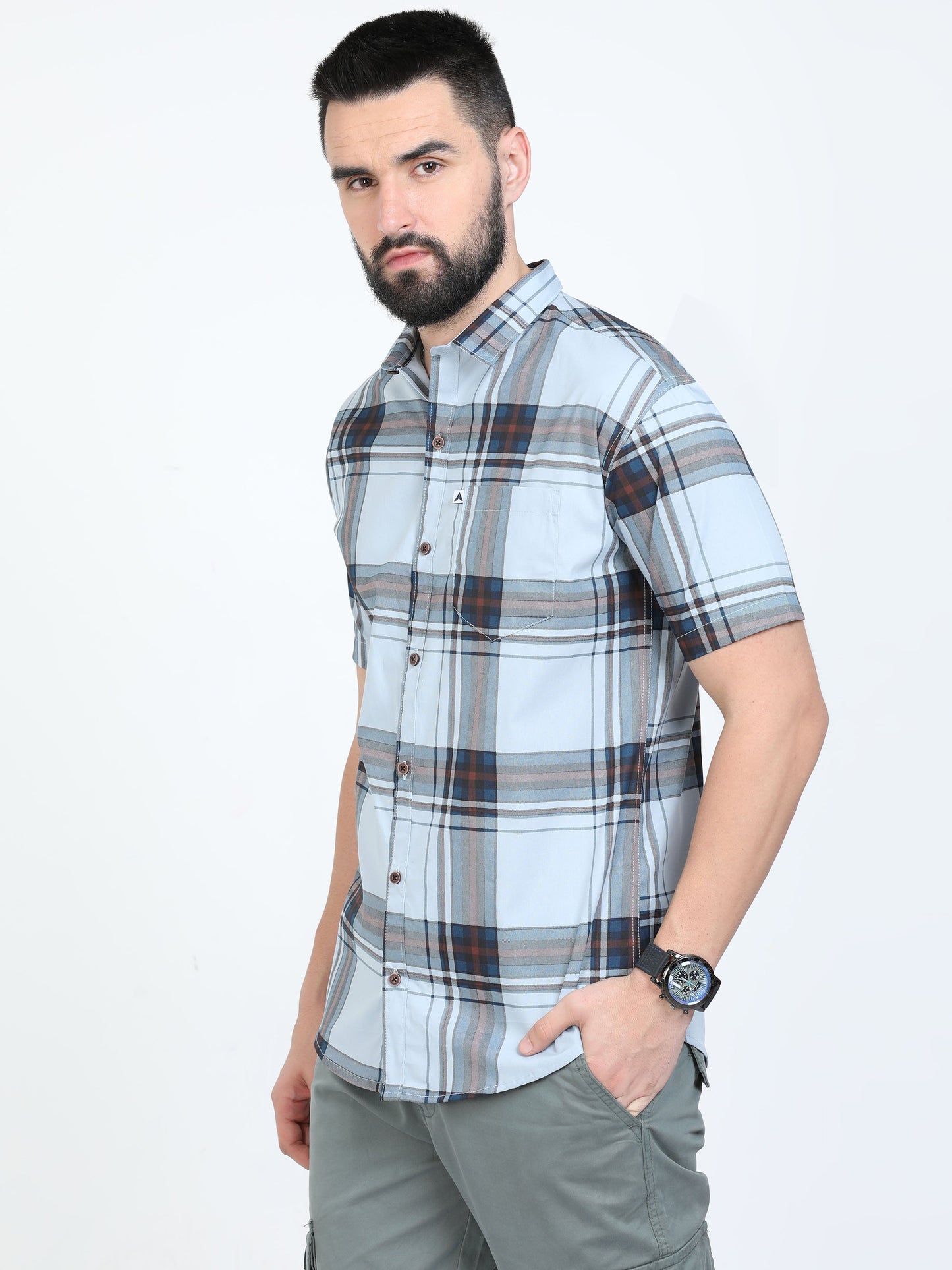 Broadchecks Aquablue Cotton Blend Checks Half Sleeve Shirt For Men