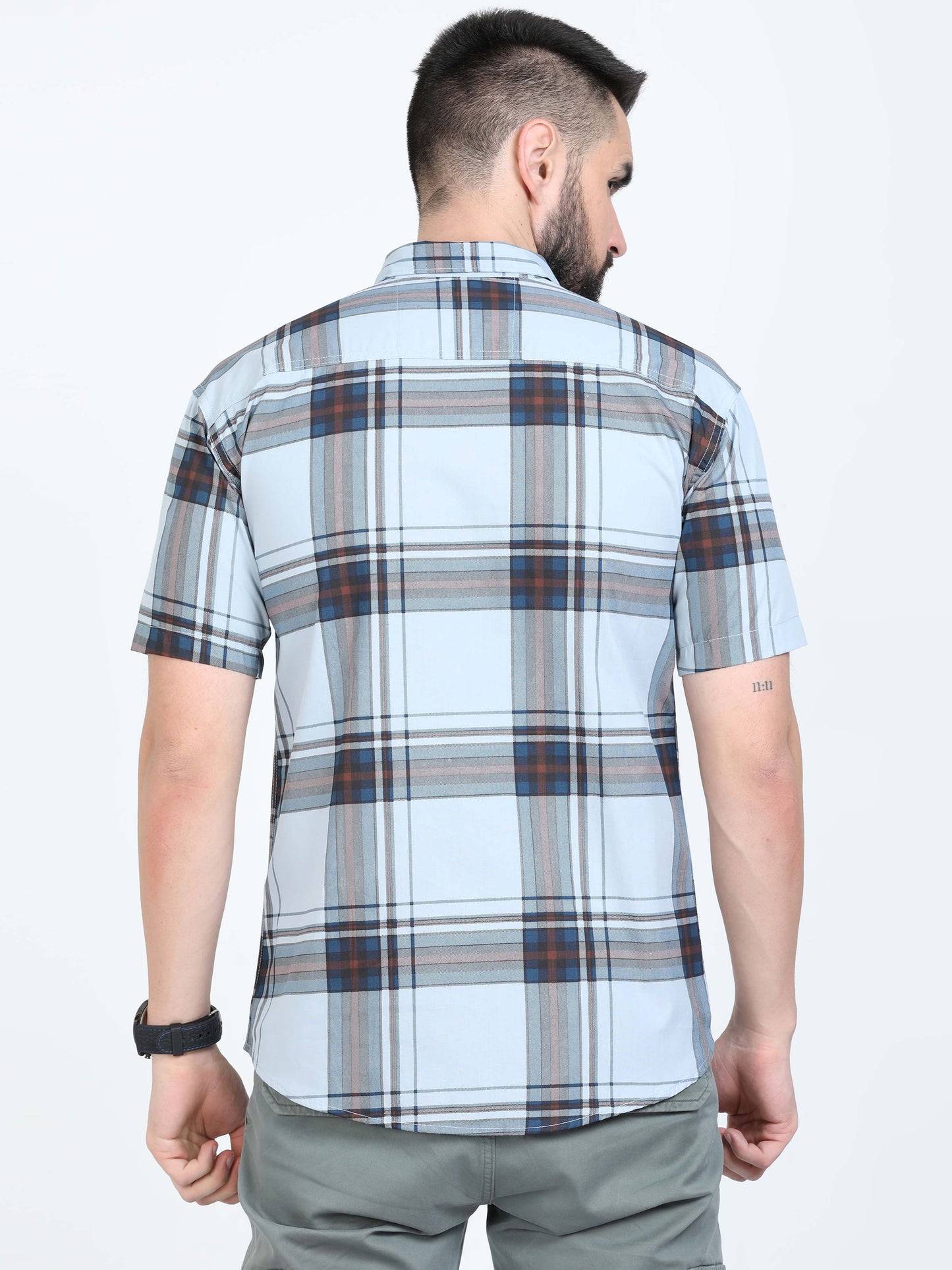 Broadchecks Aquablue Cotton Blend Checks Half Sleeve Shirt For Men