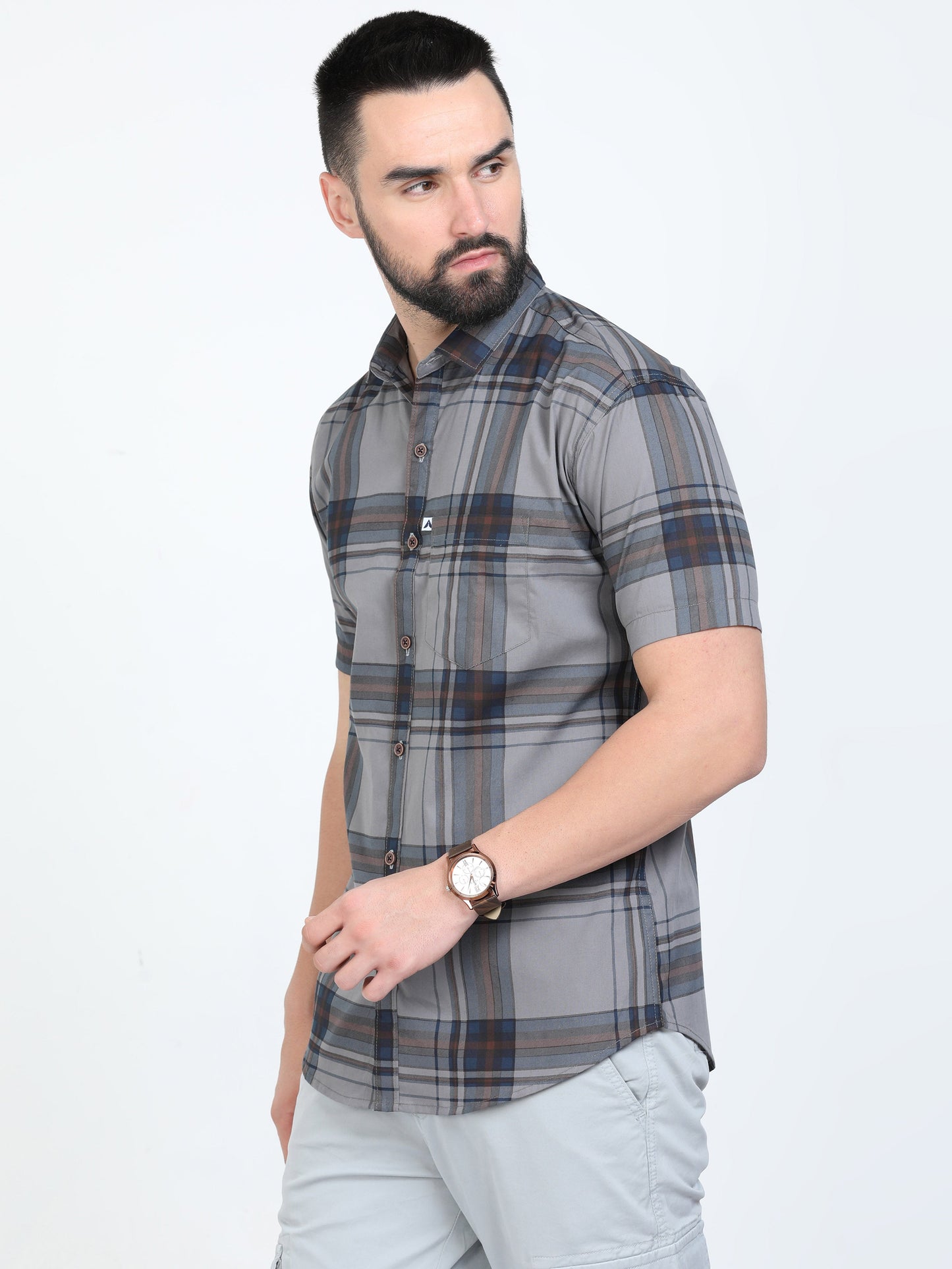 Broadchecks Grey Cotton Blend Checks Half Sleeve Shirt For Men