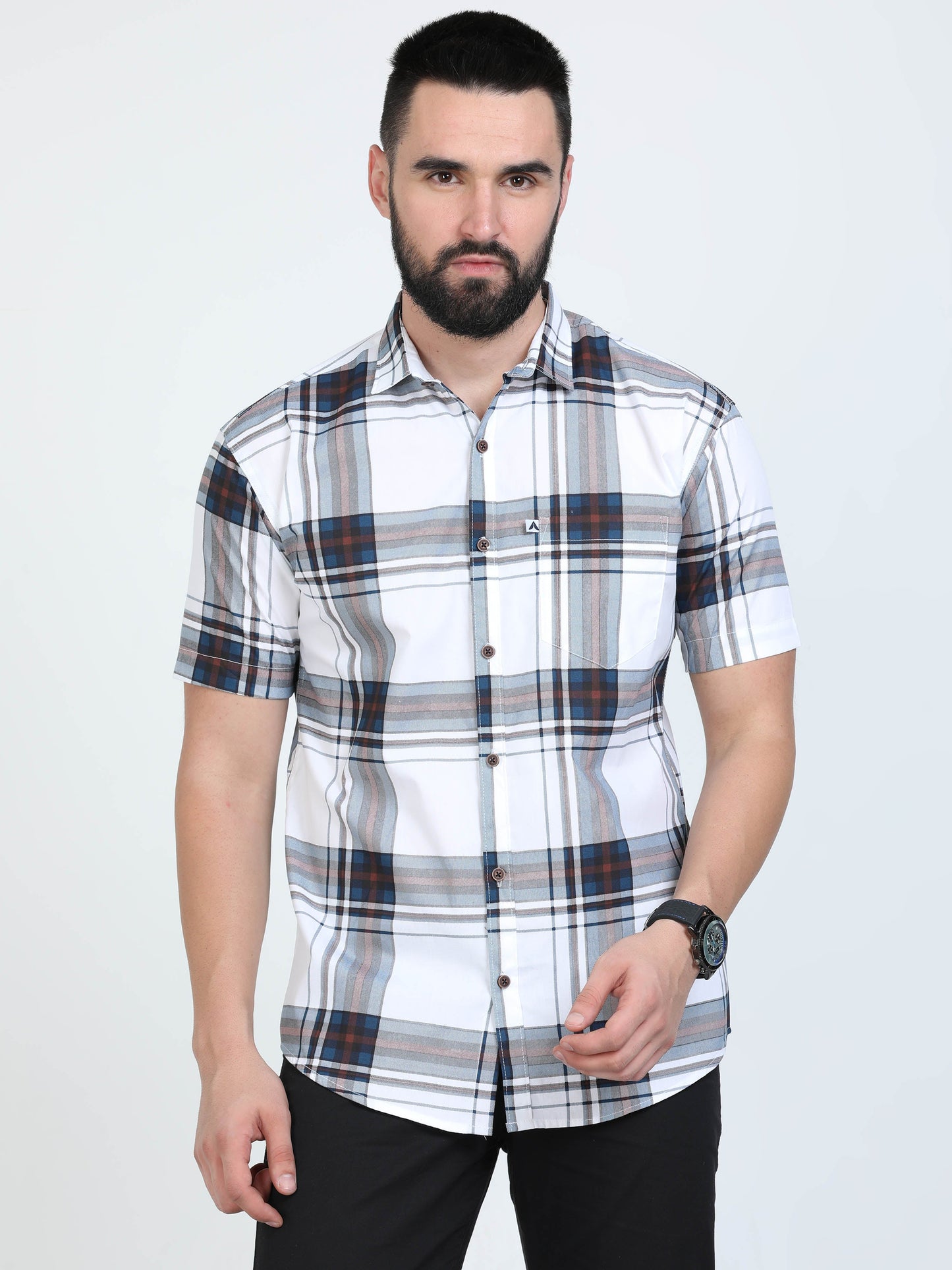 Broadchecks White Cotton Blend Checks Half Sleeve Shirt For Men