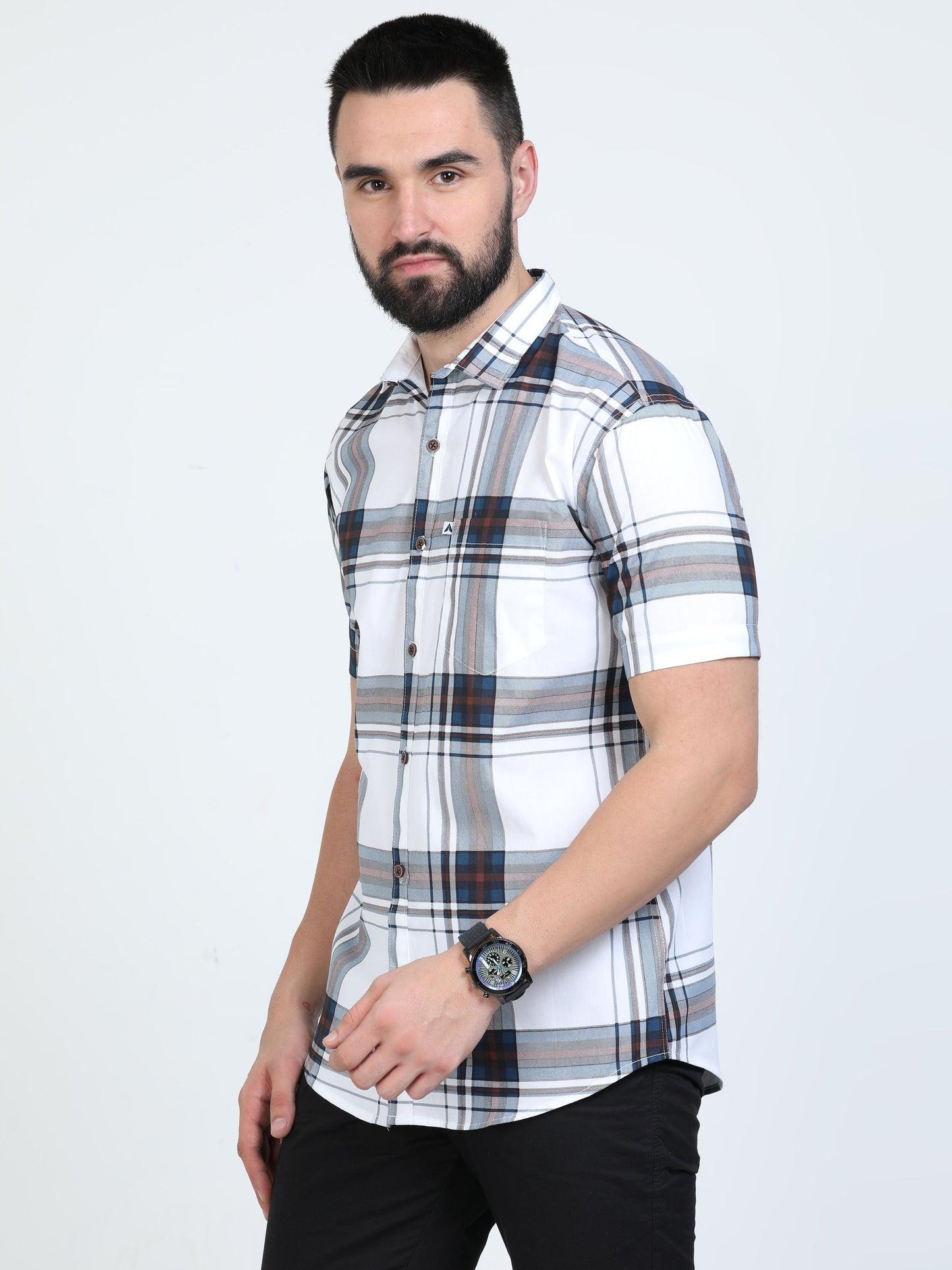 Broadchecks White Cotton Blend Checks Half Sleeve Shirt For Men