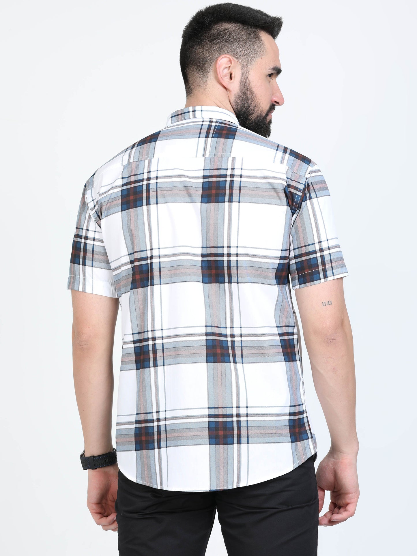 Broadchecks White Cotton Blend Checks Half Sleeve Shirt For Men