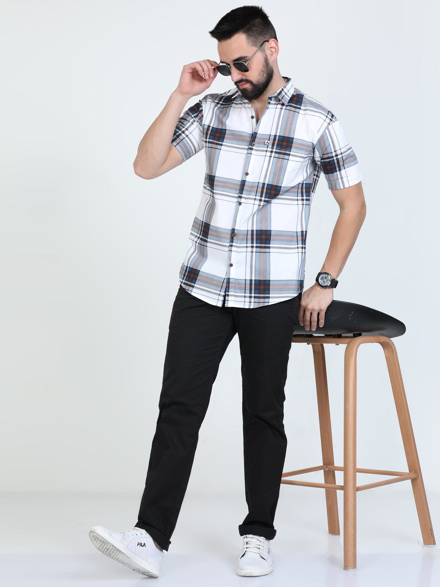 Broadchecks White Cotton Blend Checks Half Sleeve Shirt For Men