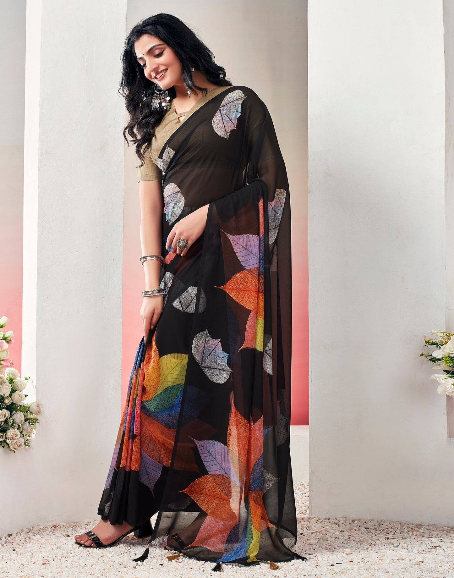 Black Georgette Printed Ready to Wear Saree