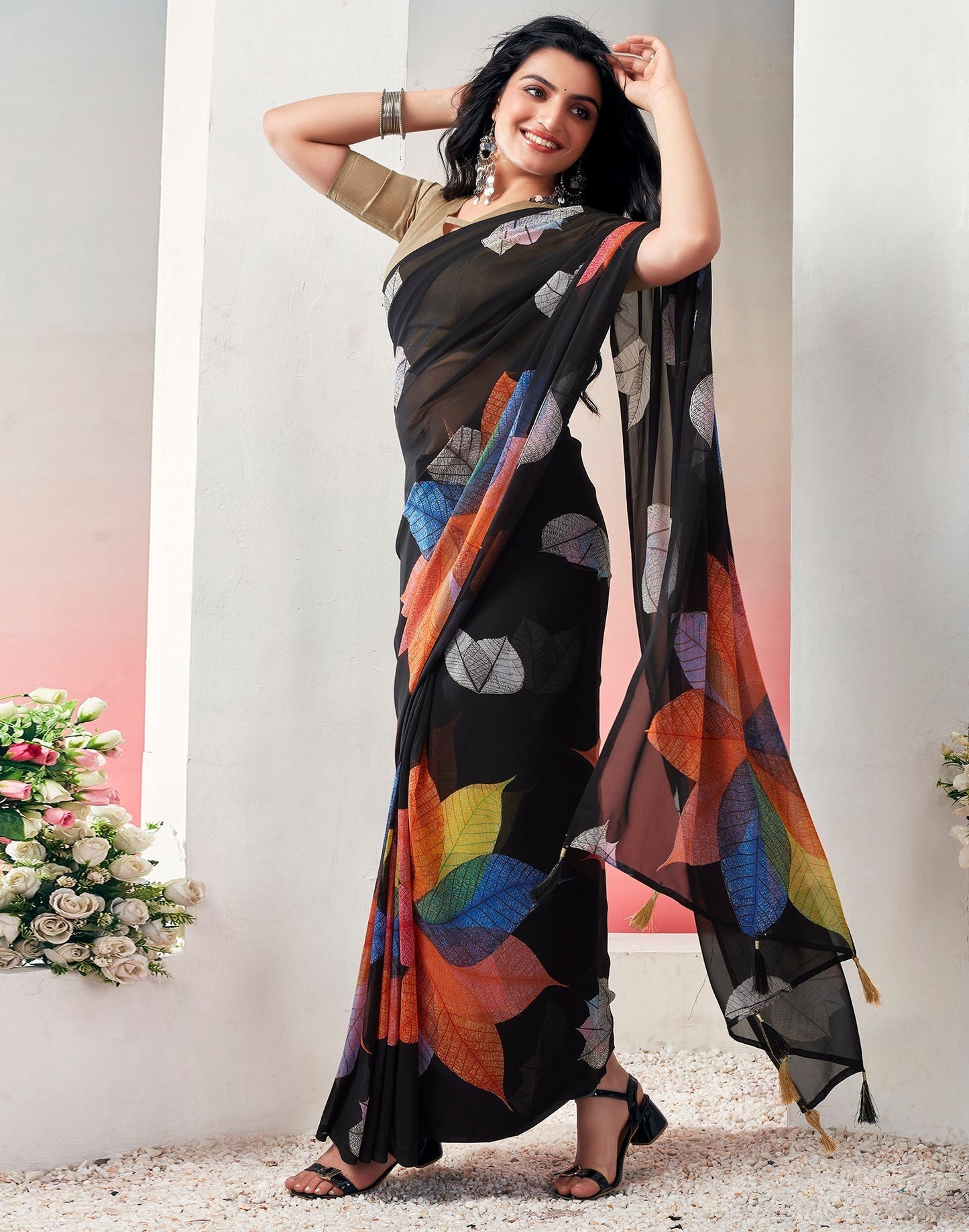 Black Georgette Printed Ready to Wear Saree