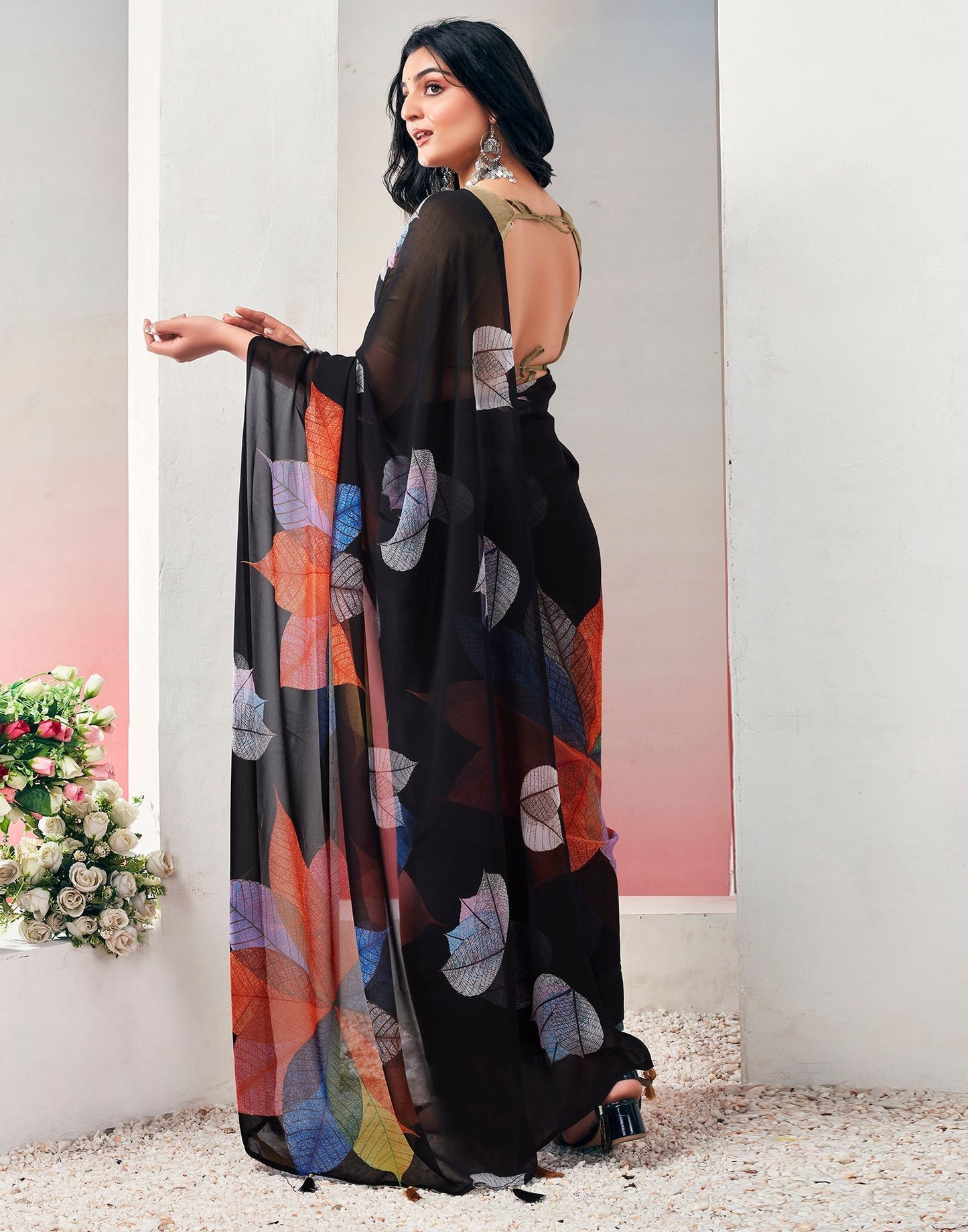 Black Georgette Printed Ready to Wear Saree