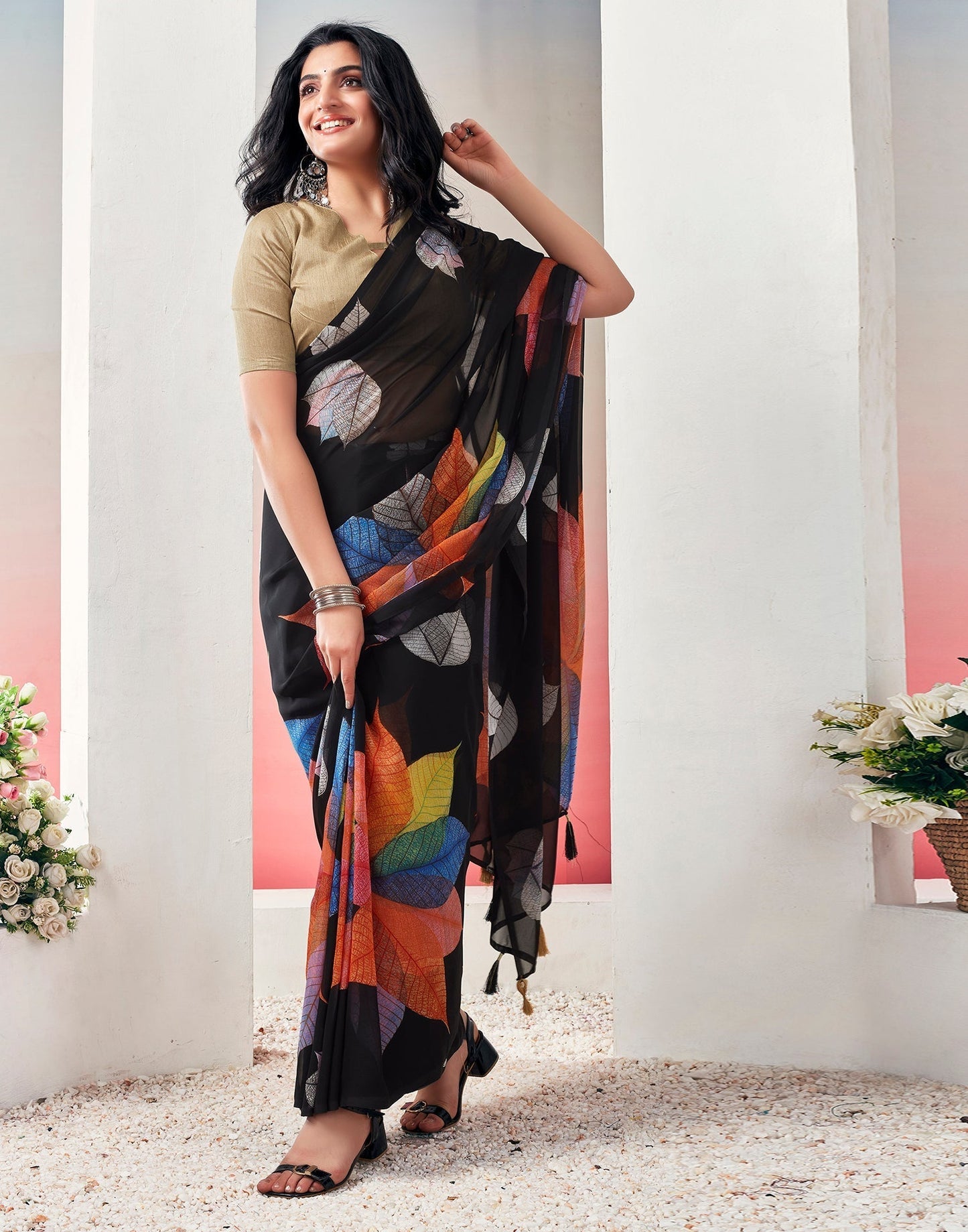 Black Georgette Printed Ready to Wear Saree