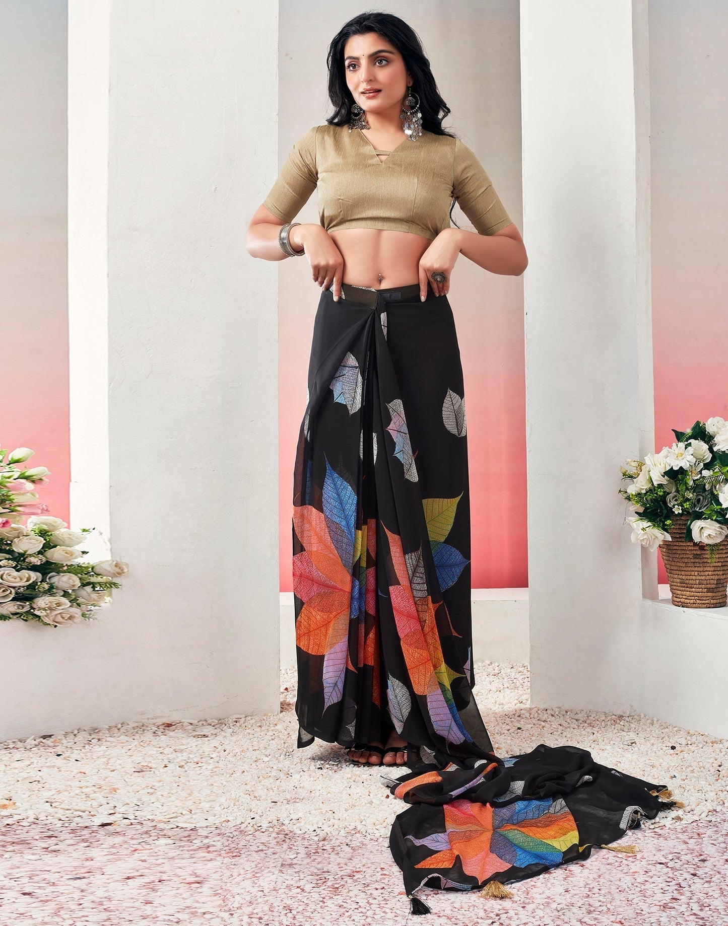 Black Georgette Printed Ready to Wear Saree