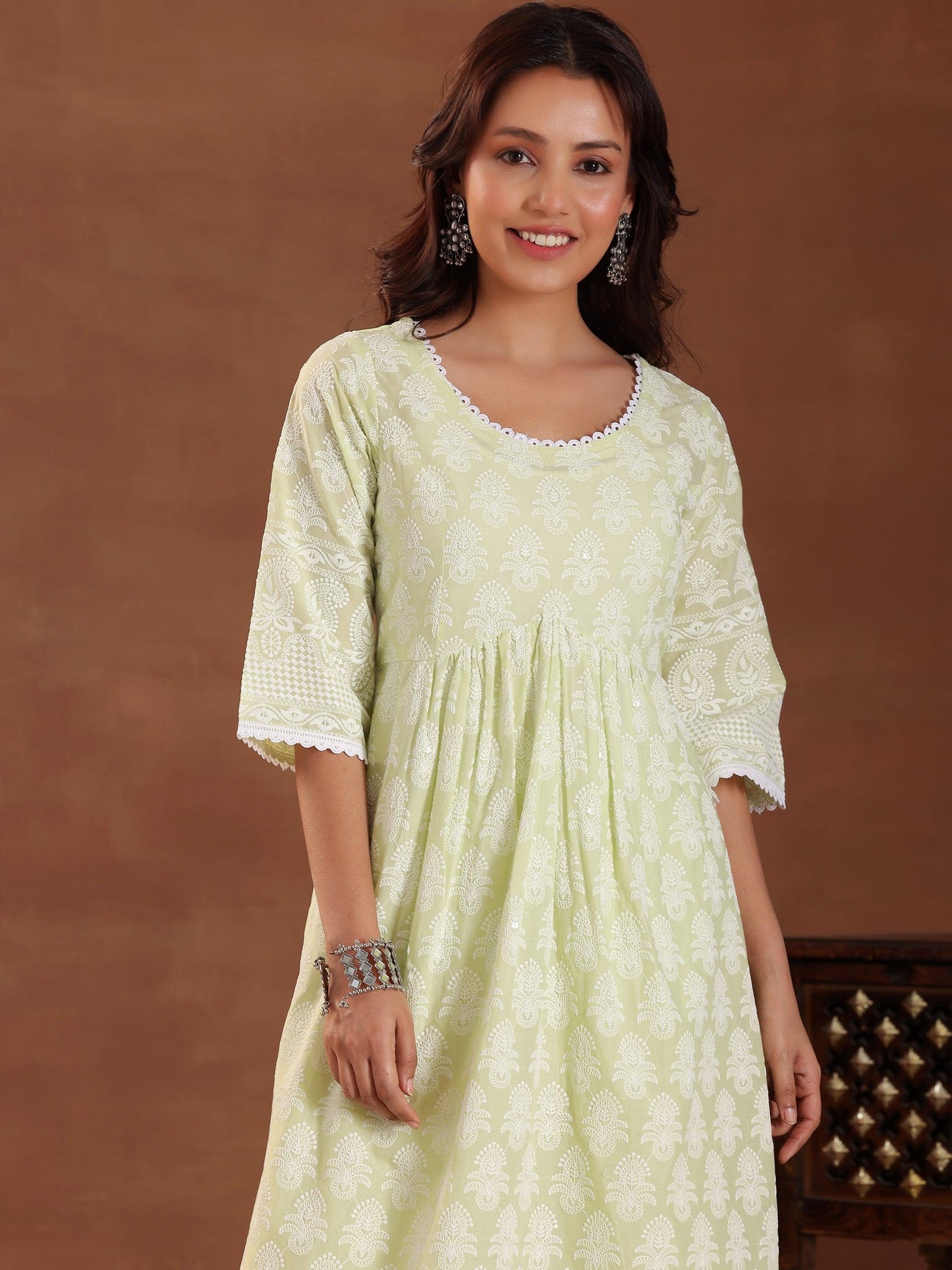 Green Embroidered Pure Cotton A-Line Kurta With Sharara & Dupatta