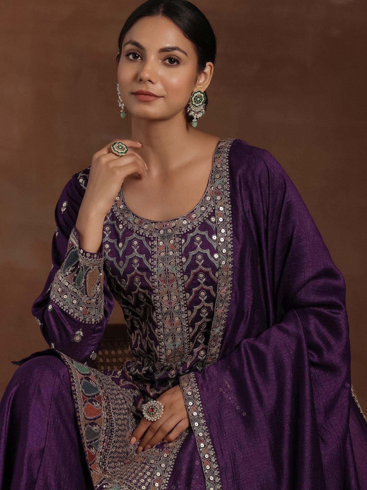 Adaa Purple Embroidered Silk Blend Straight Kurta With Palazzos & Dupatta