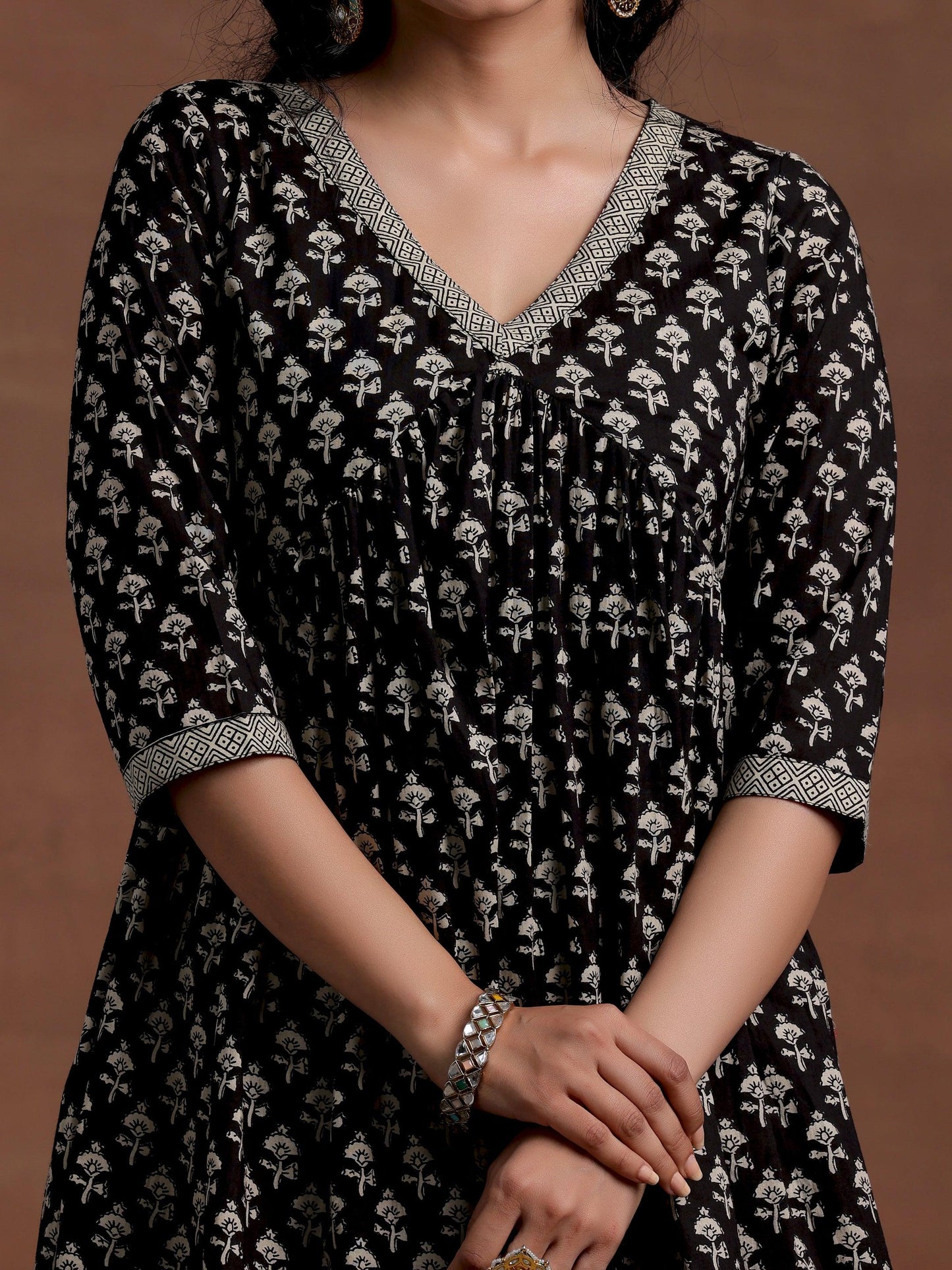 Black Printed Cotton A-Line Kurta With Palazzos