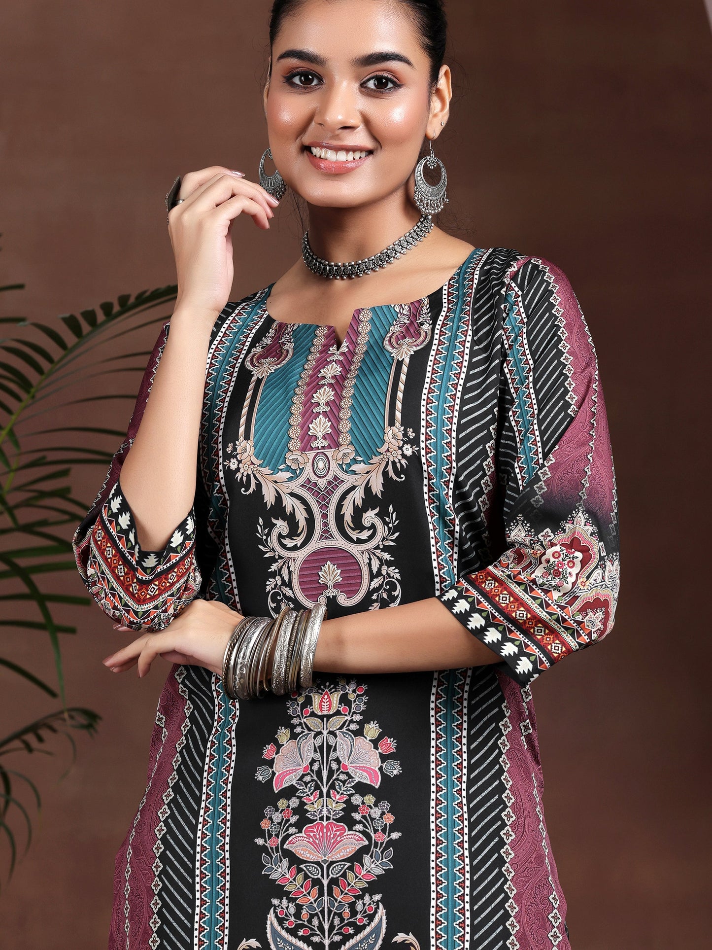 Black Printed Poly Crepe Straight Kurta Set