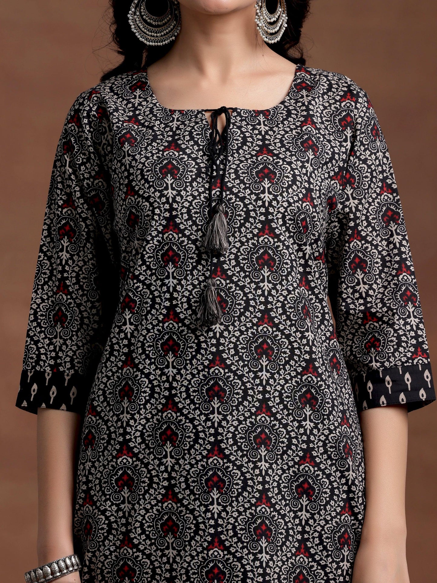 Black Printed Cotton Straight Kurta Set