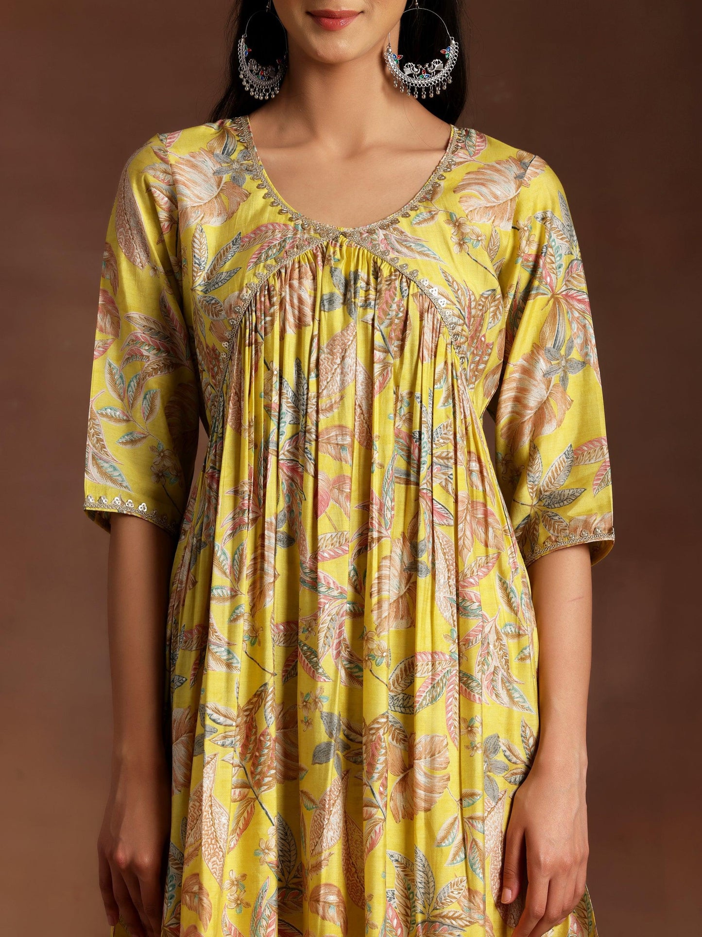 Aashna Mustard Printed Silk Blend A-Line Kurta With Palazzos & Dupatta