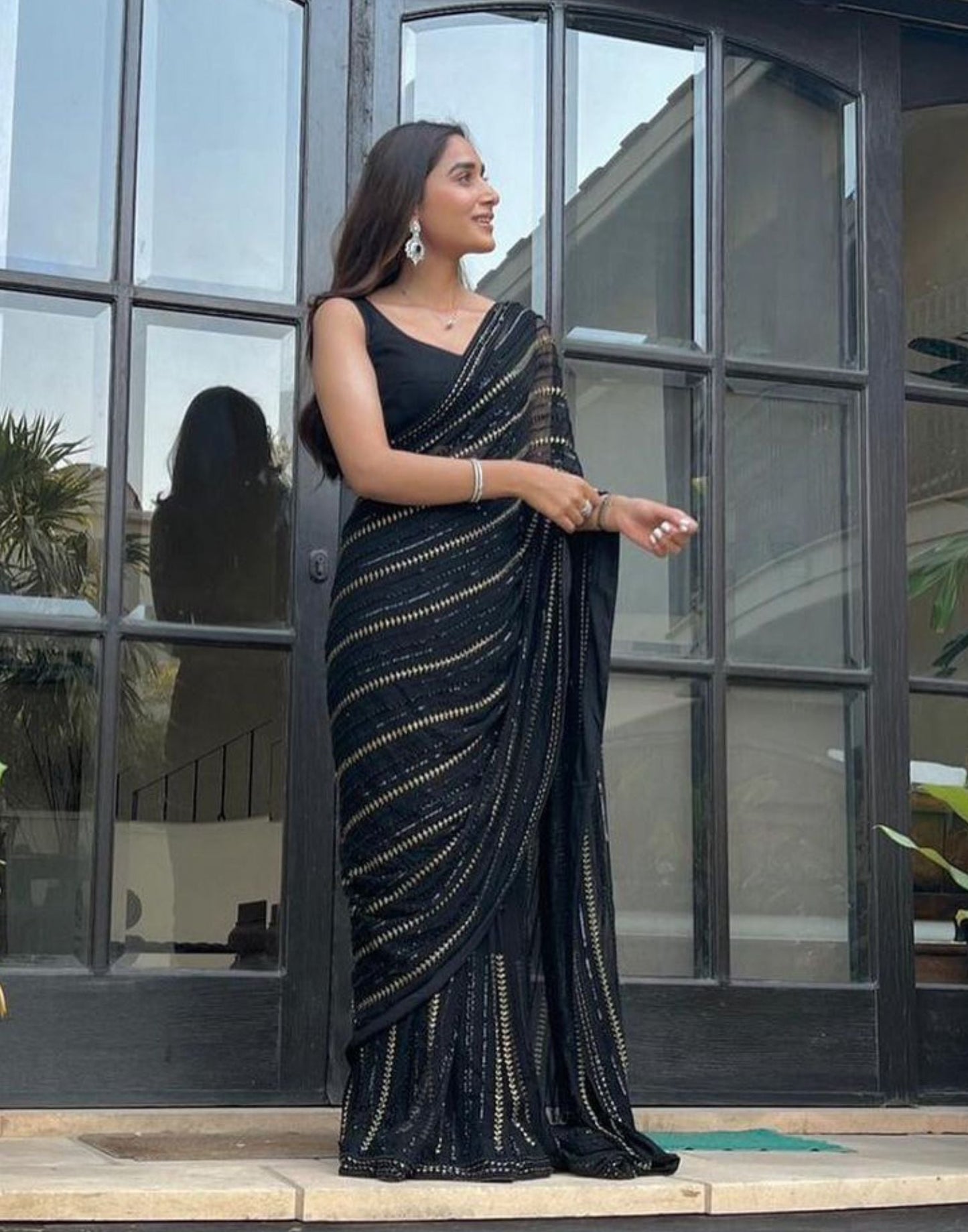 Black Georgette Sequence Embroidery Saree