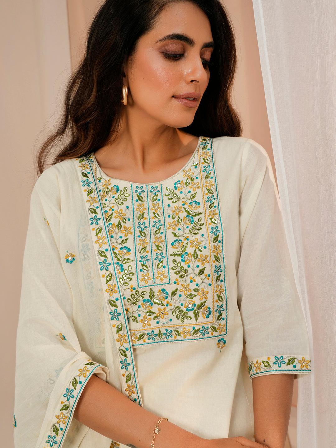 Off White Yoke Design Cotton Straight Suit With Dupatta