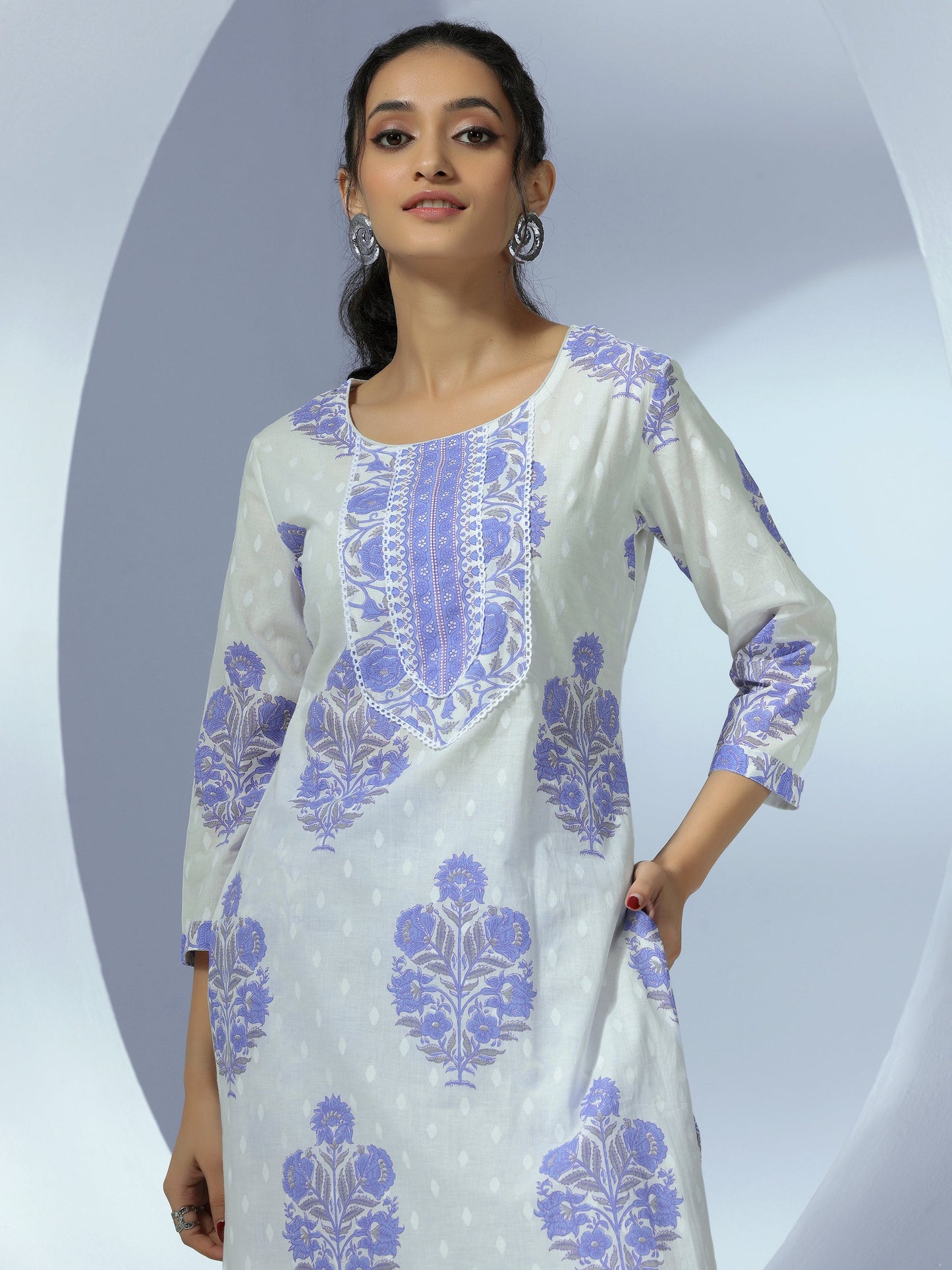 Off White Printed Cotton Straight Suit With Dupatta