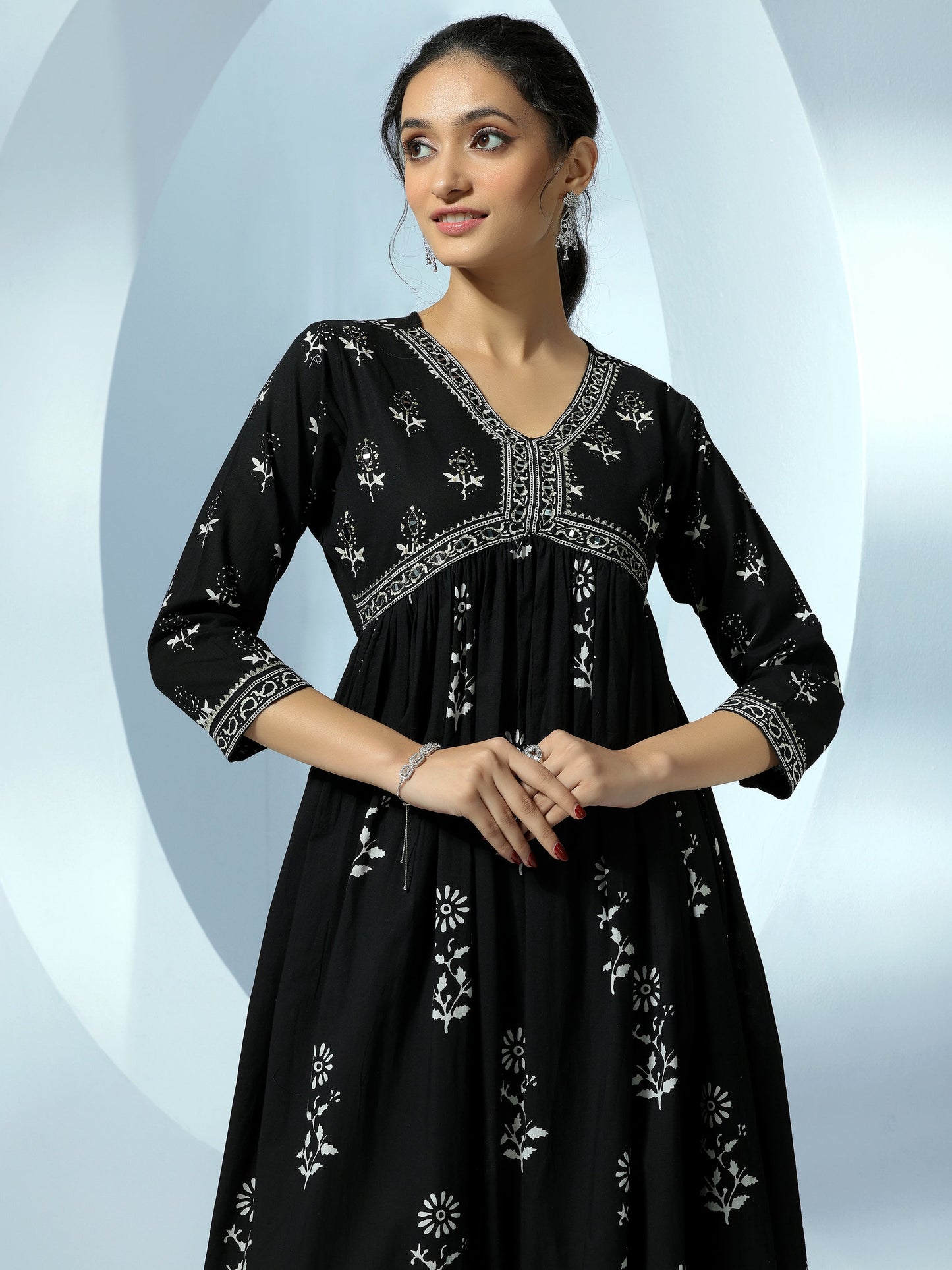 Black Printed Cotton A-Line Kurta With Palazzos