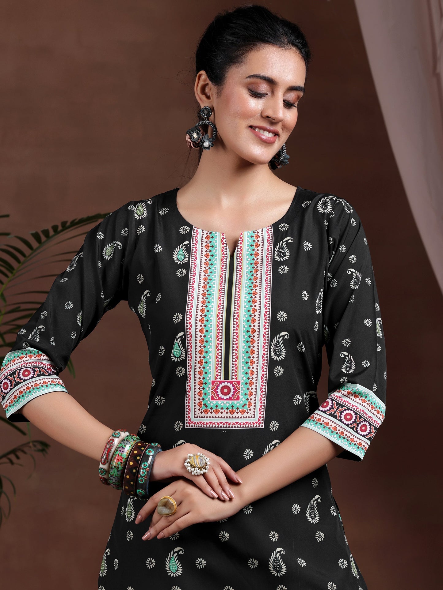 Black Printed Poly Crepe Straight Kurta Set