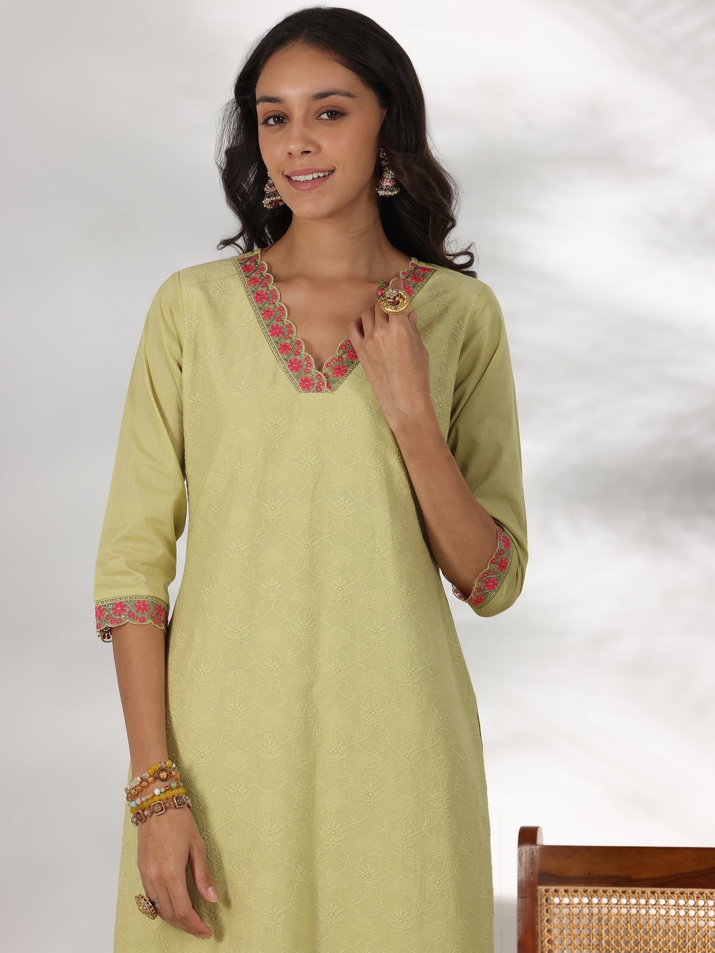 Green Embroidered Cotton Straight Suit With Dupatta