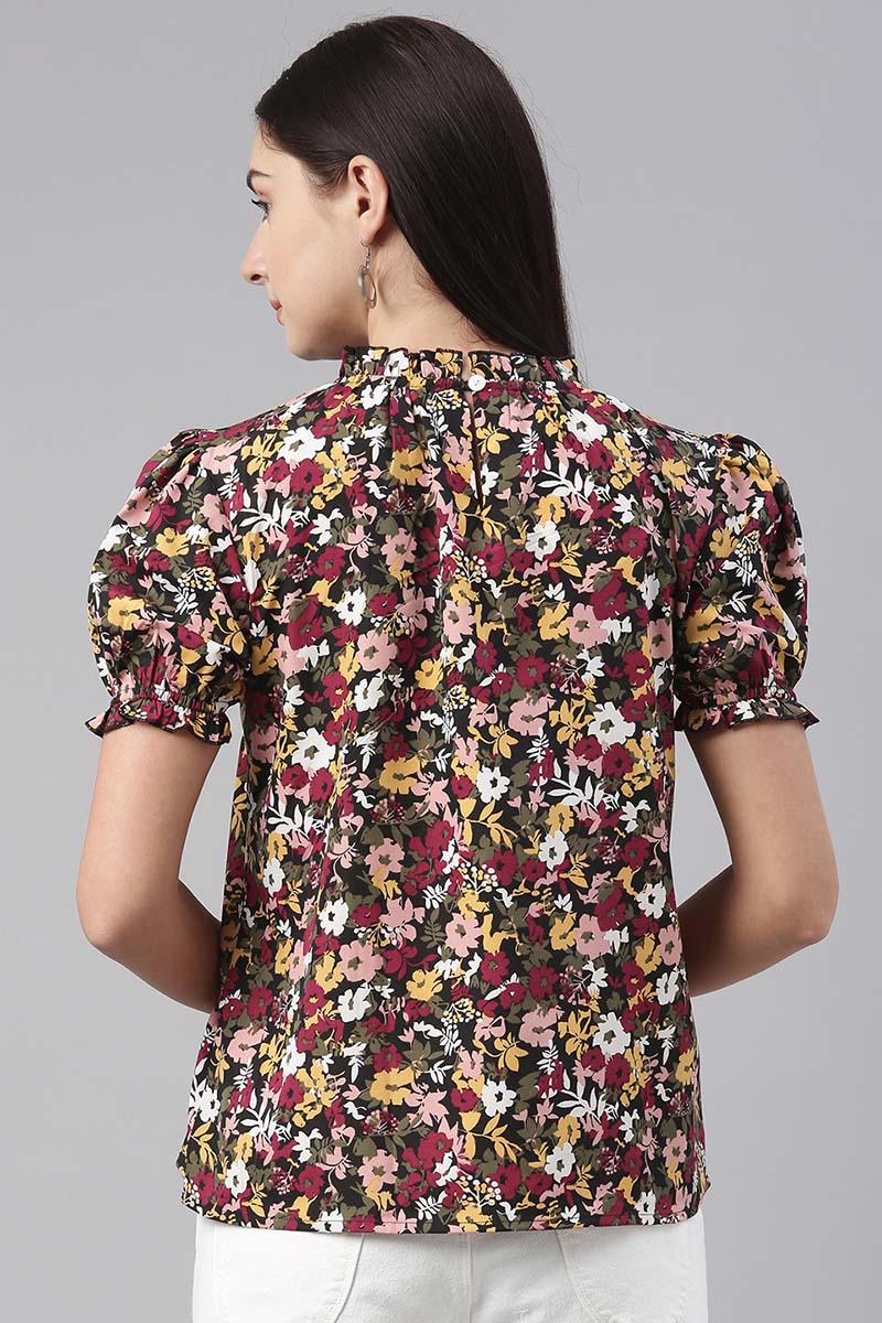 Black Polyester Floral Printed Regular Top VT1003