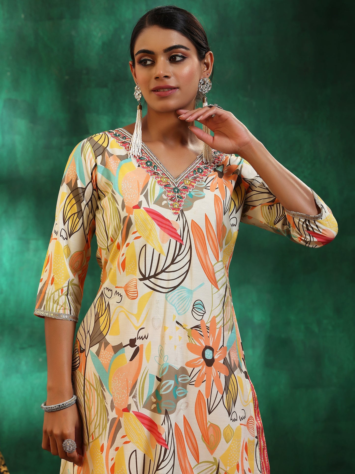 Off White Printed Silk Blend Straight Suit With Dupatta