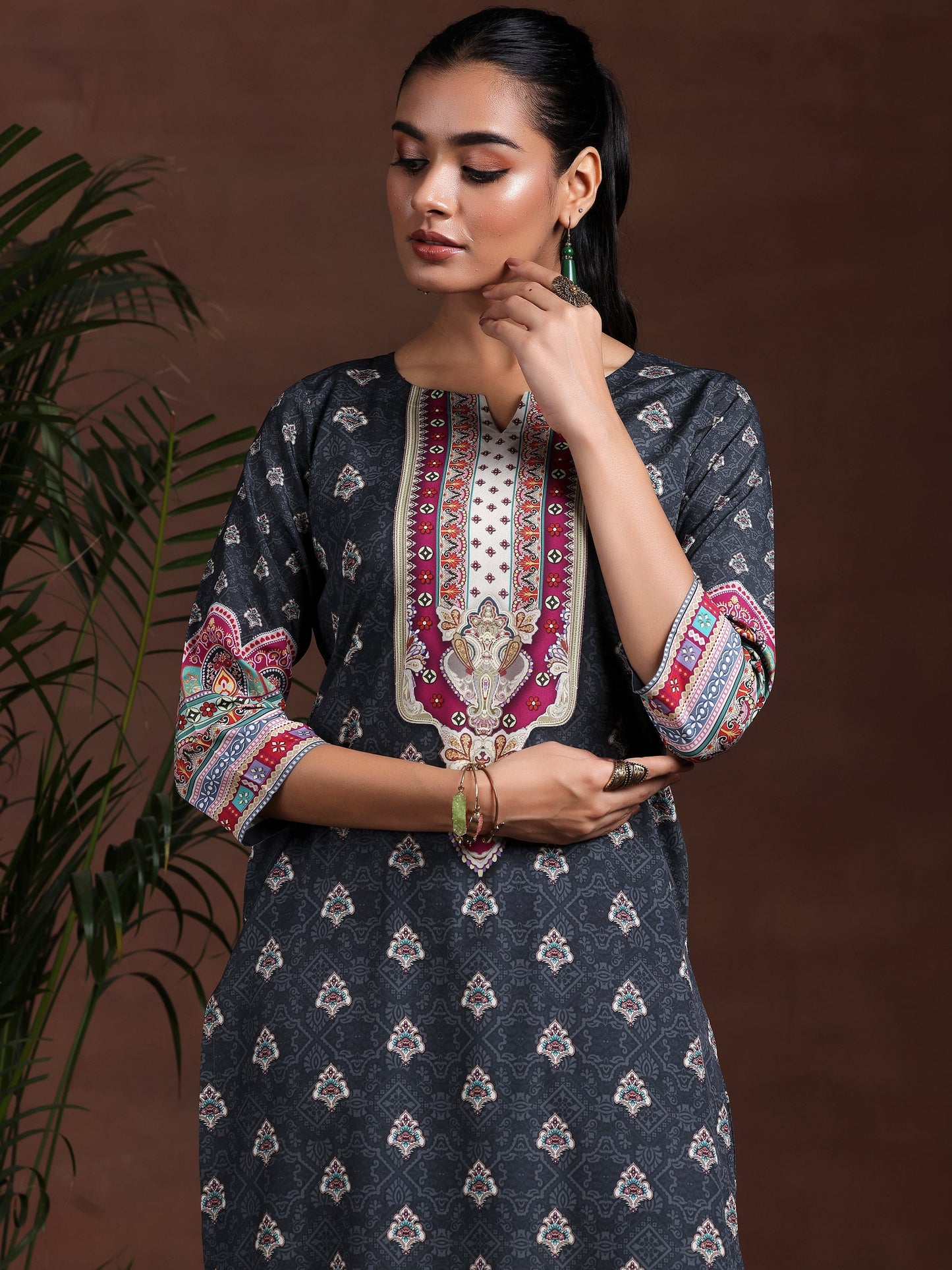 Black Printed Poly Crepe Straight Suit With Dupatta