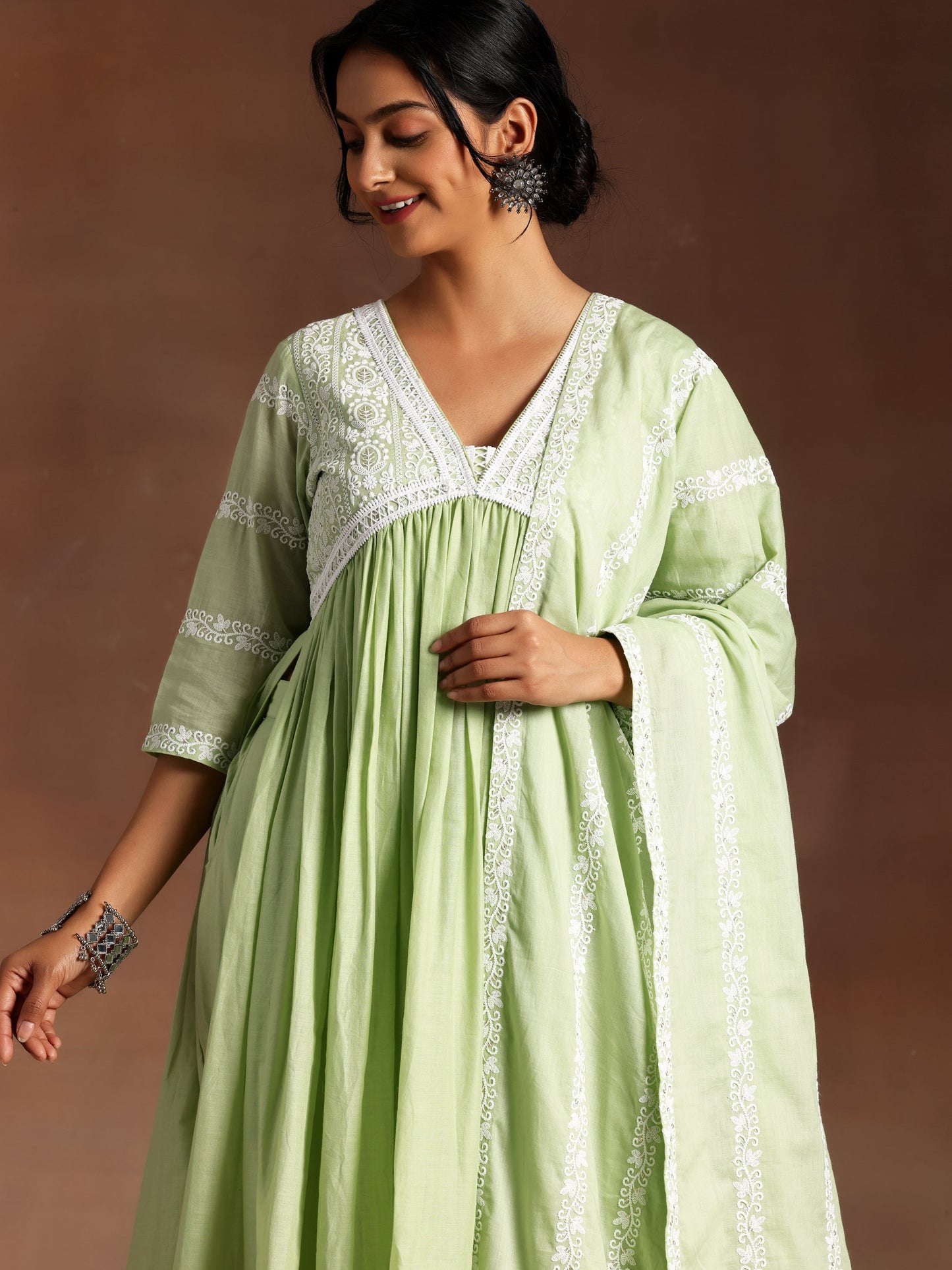 Green Embroidered Cotton A-Line Kurta With Palazzos & Dupatta