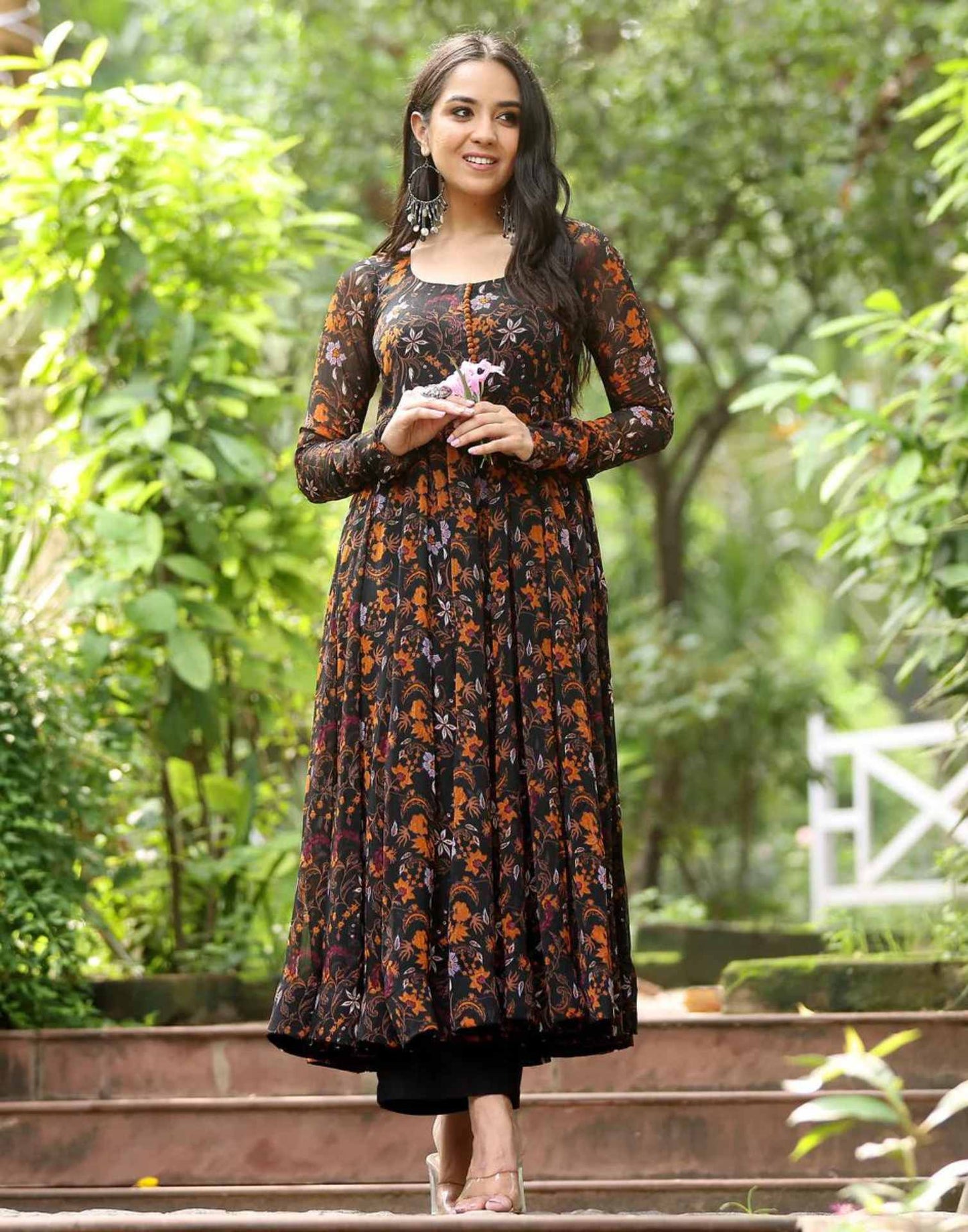 Black Printed Georgette Ethnic Dress