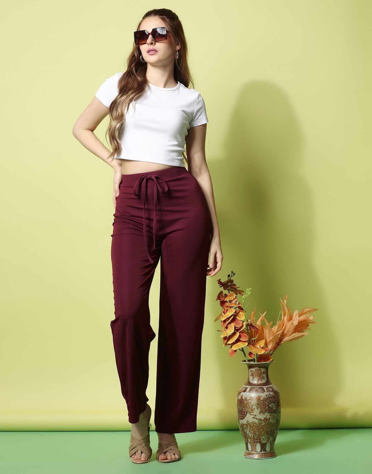 Maroon knotted Straight Fit Trouser