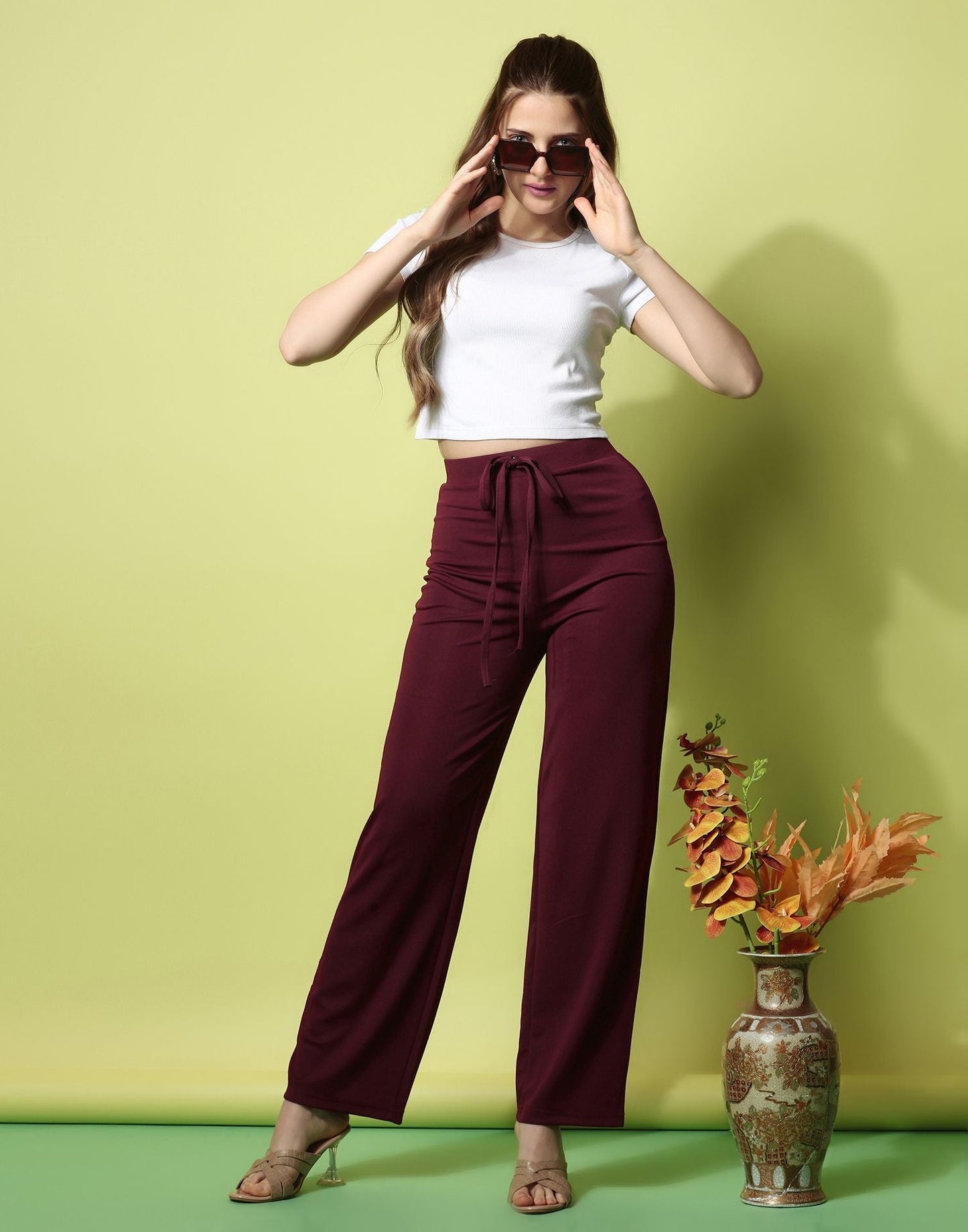 Maroon knotted Straight Fit Trouser