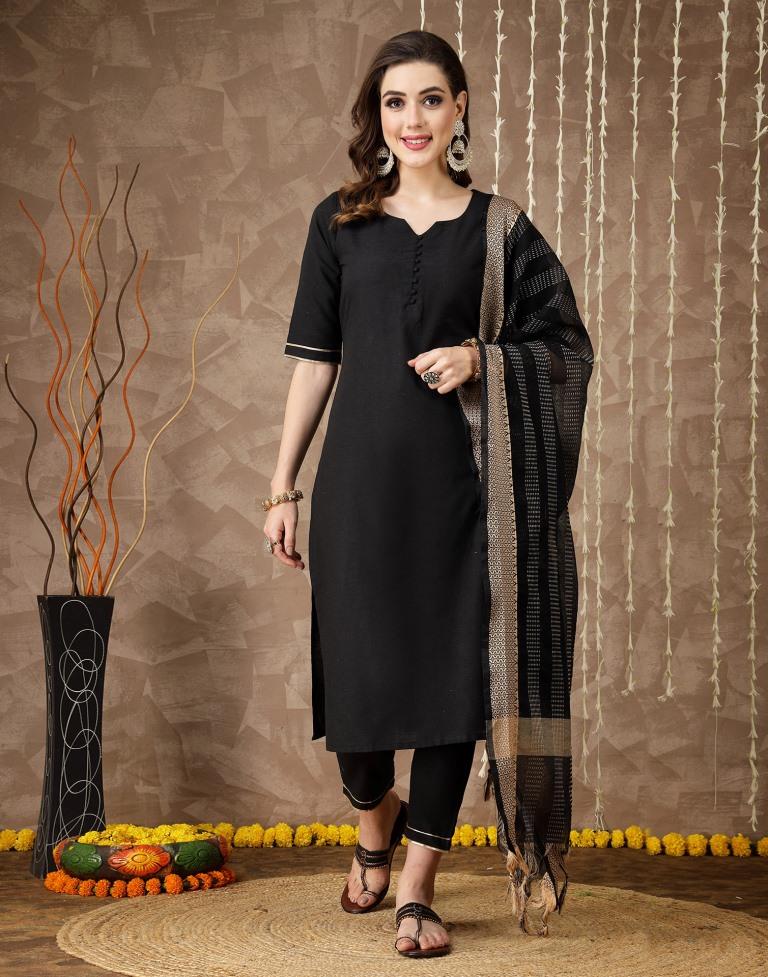 Black Cotton Kurti With Pant And Dupatta