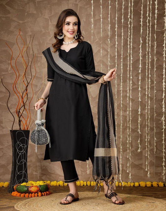 Black Cotton Kurti With Pant And Dupatta