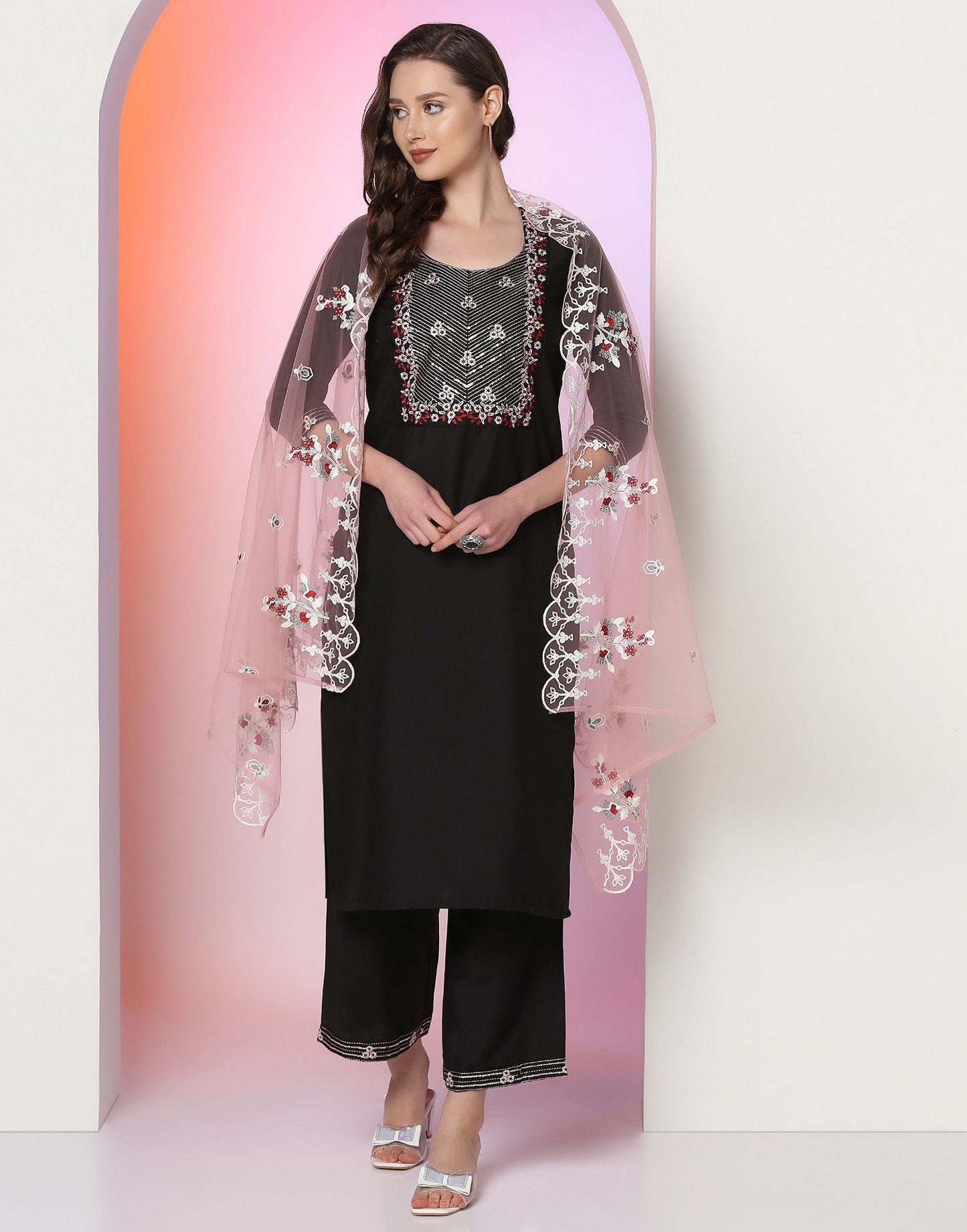 Black Embroidery Kurti With Pant And Dupatta