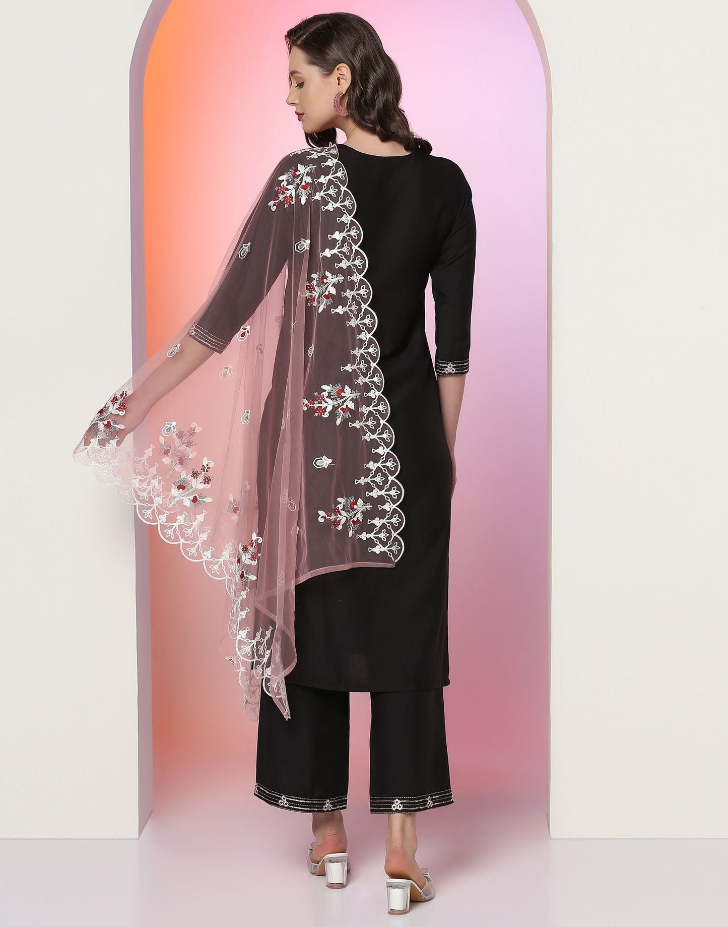 Black Embroidery Kurti With Pant And Dupatta