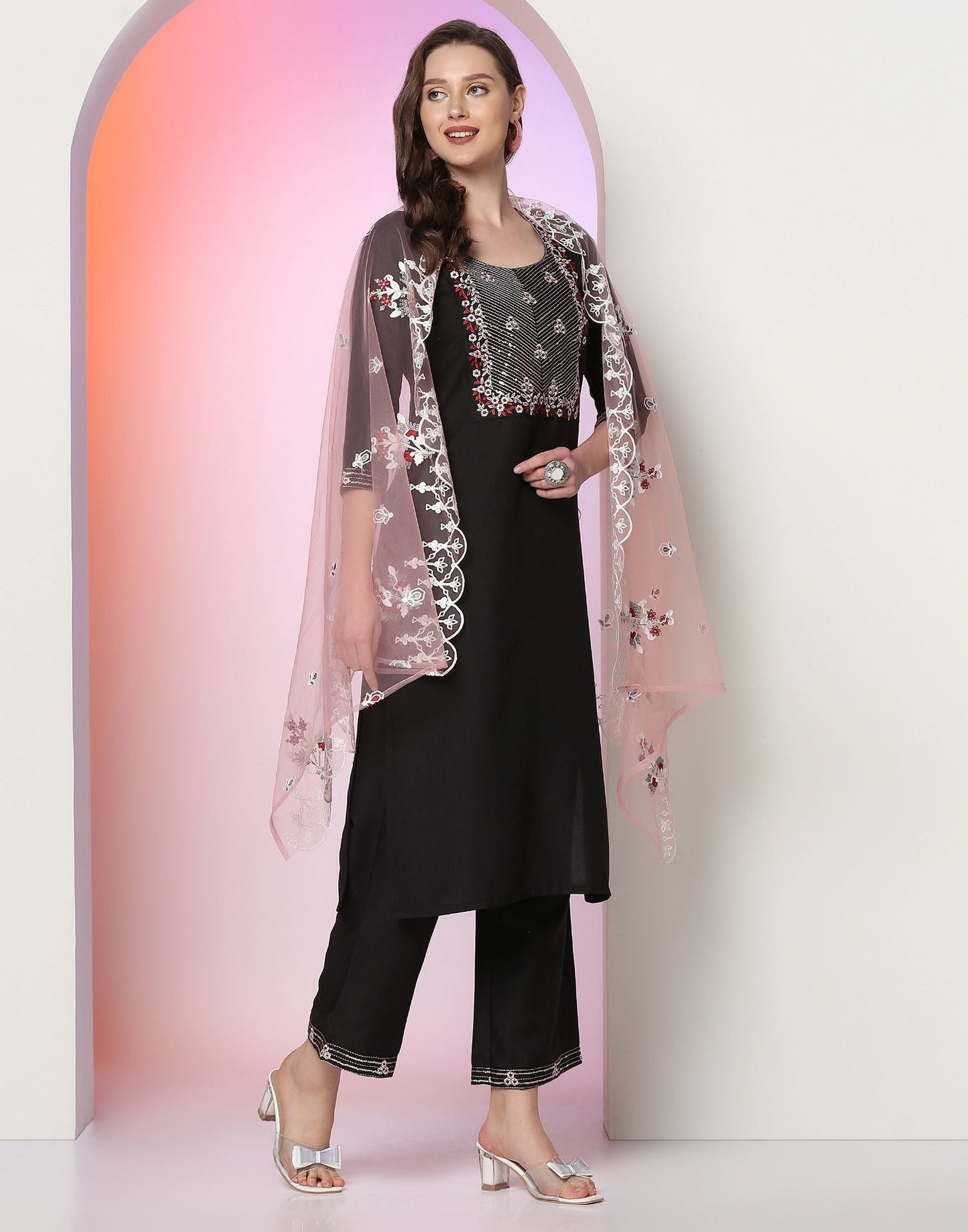 Black Embroidery Kurti With Pant And Dupatta