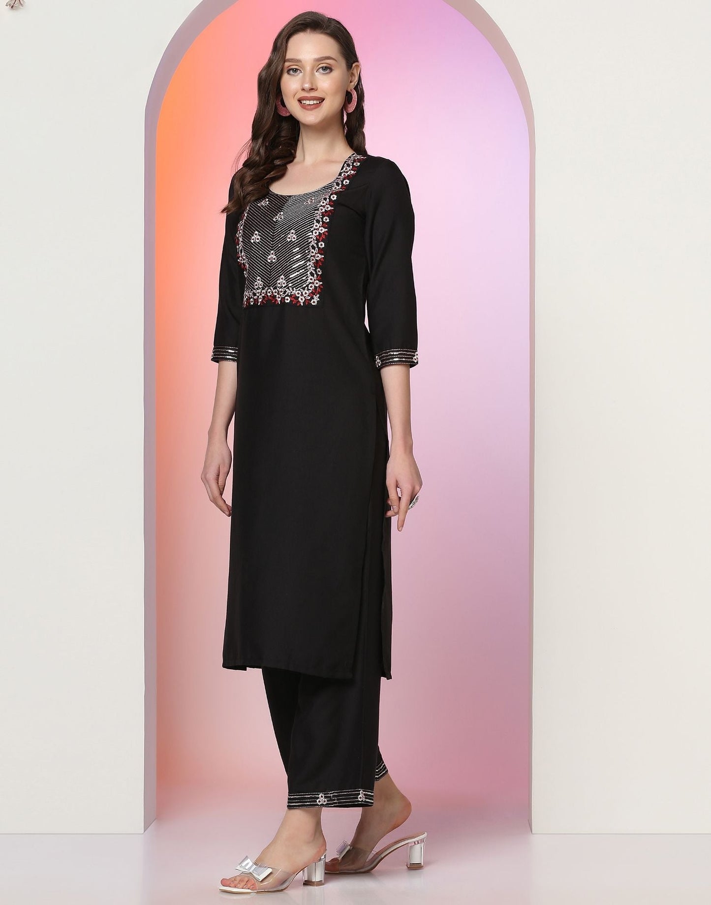 Black Embroidery Kurti With Pant And Dupatta