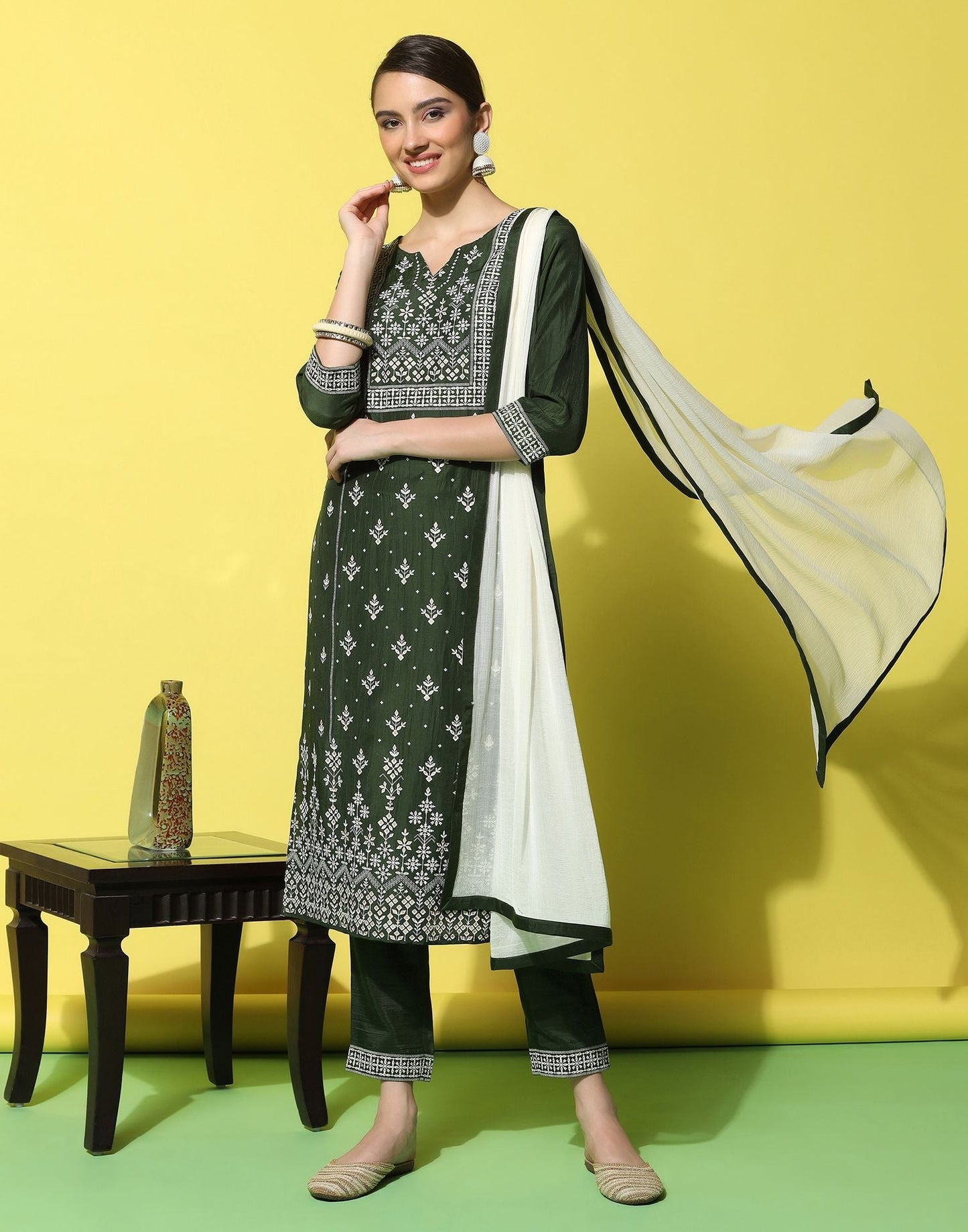 Green Chinnon Printed Straight Kurti With Pant And Dupatta