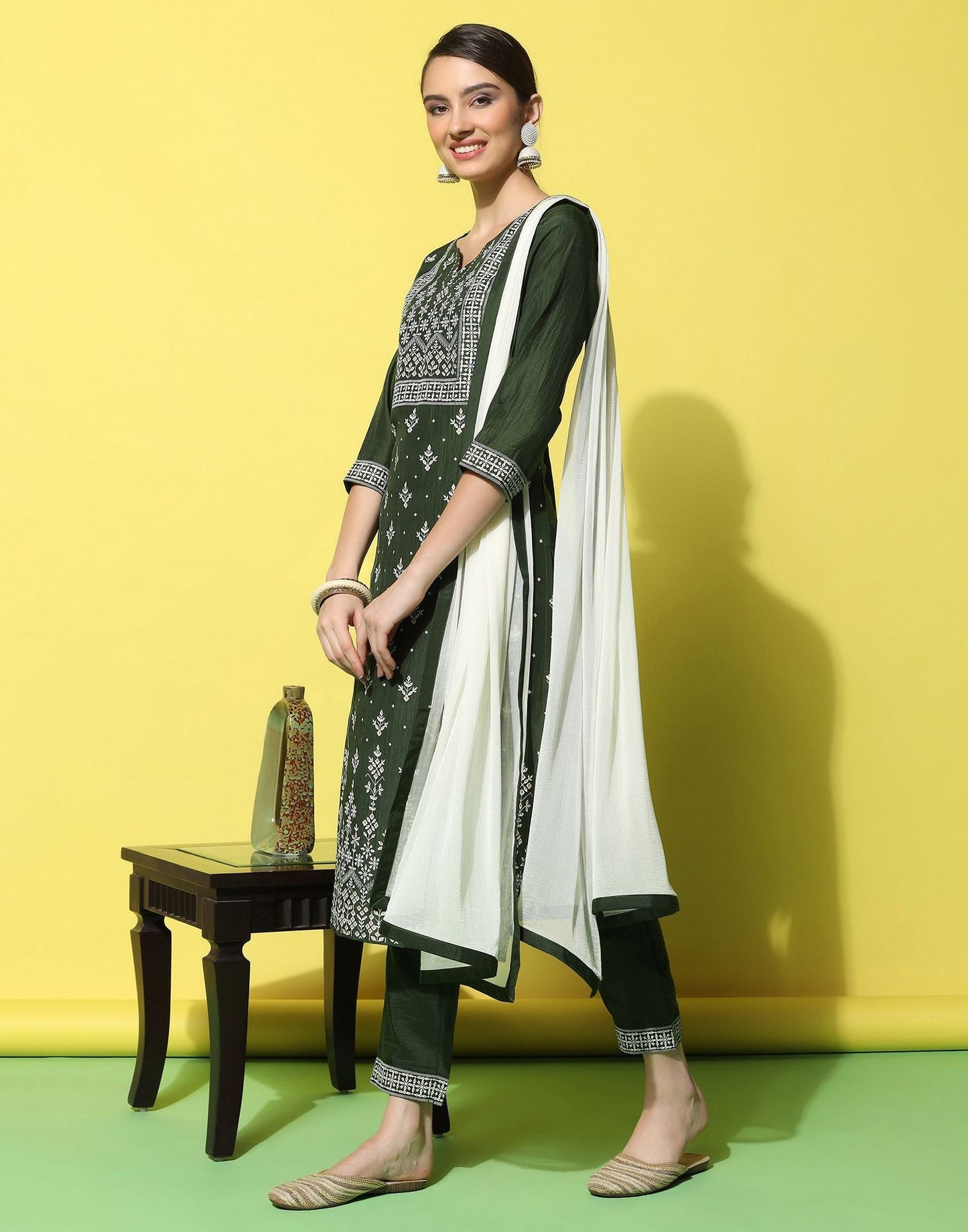 Green Chinnon Printed Straight Kurti With Pant And Dupatta