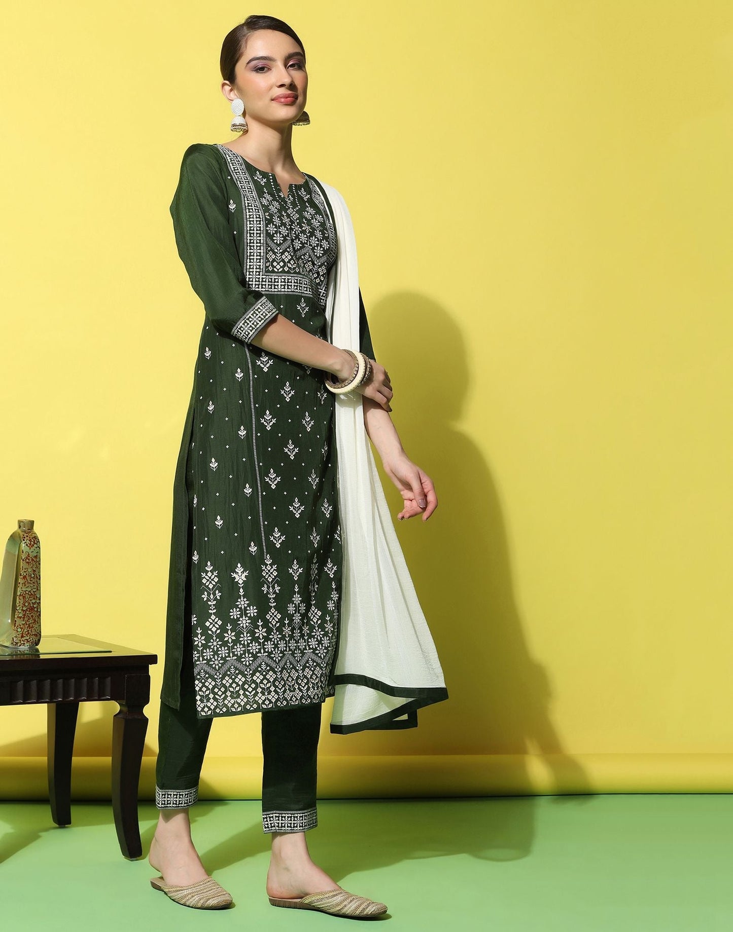 Green Chinnon Printed Straight Kurti With Pant And Dupatta