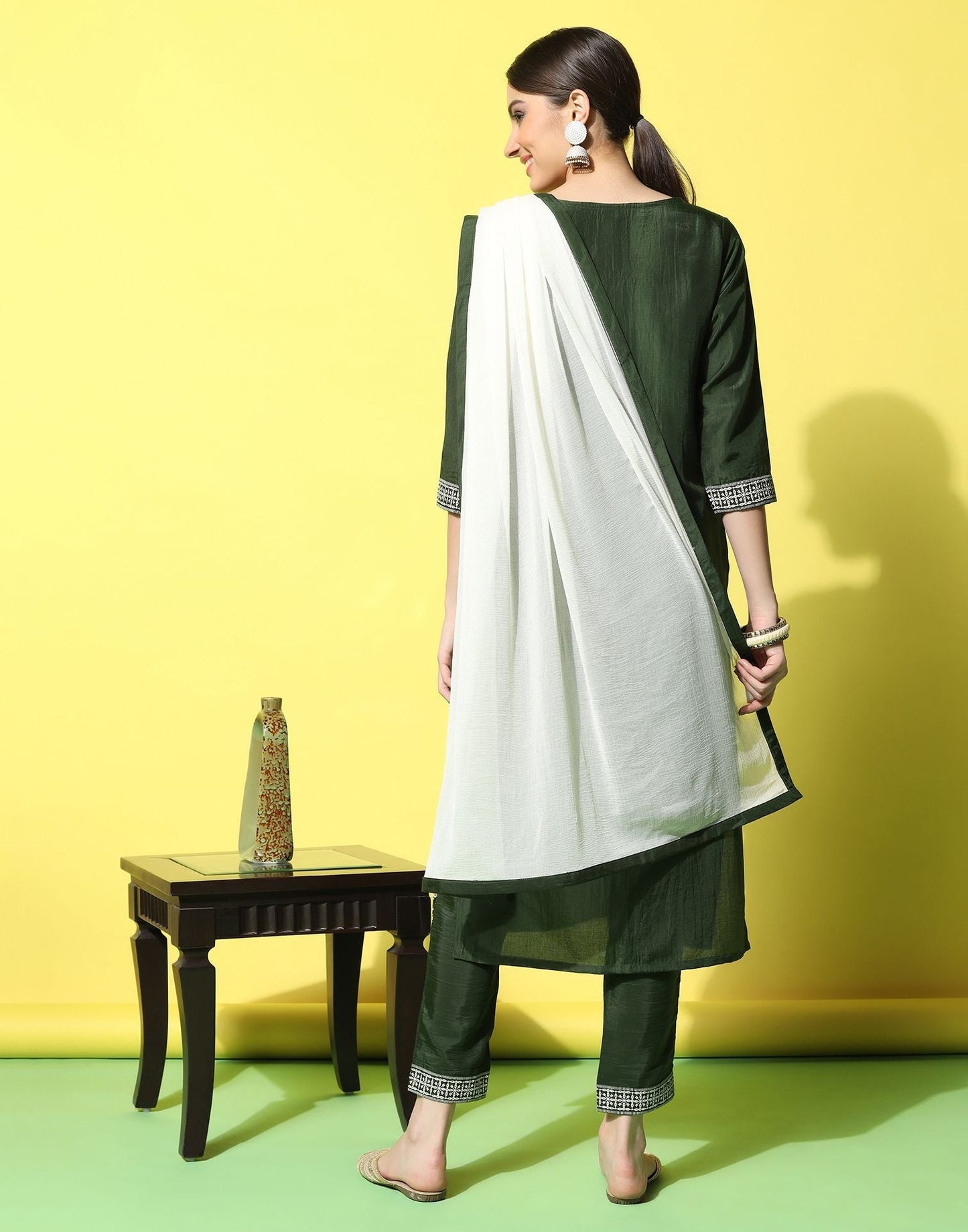 Green Chinnon Printed Straight Kurti With Pant And Dupatta