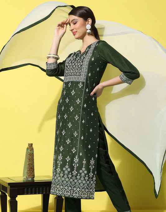 Green Chinnon Printed Straight Kurti With Pant And Dupatta