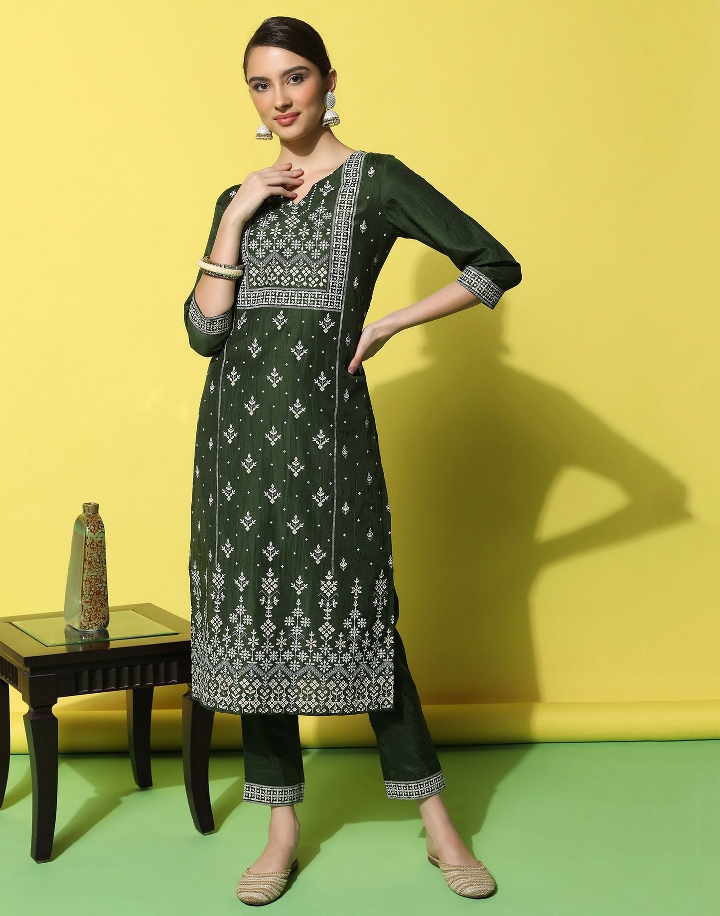 Green Chinnon Printed Straight Kurti With Pant And Dupatta