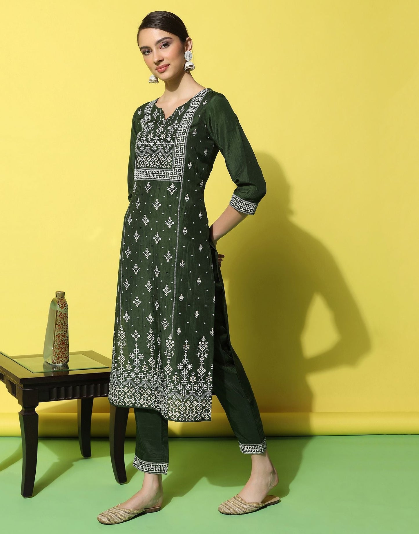 Green Chinnon Printed Straight Kurti With Pant And Dupatta